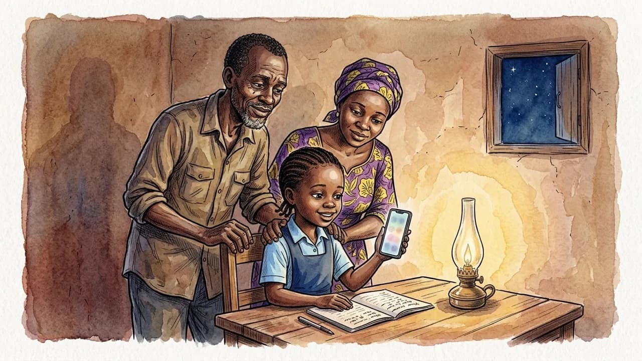 Une écolière camerounaise, sous une lampe à pétrole, tient un téléphone allumé devant son cahier, ses parents fiers derrière elle