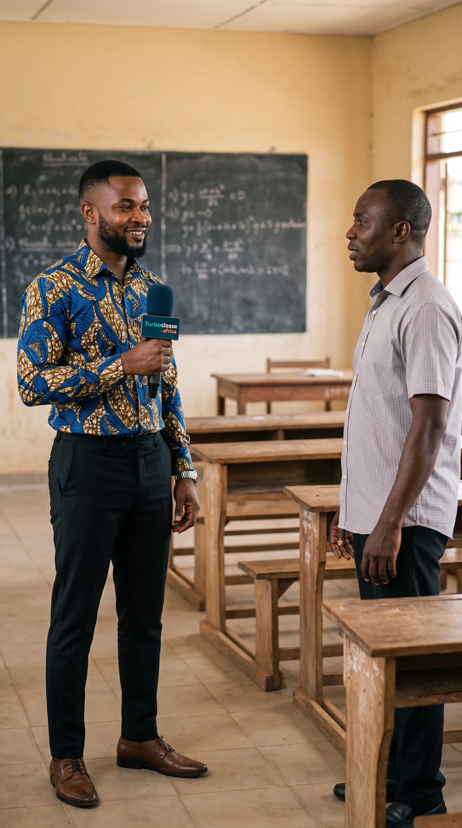 Un journaliste interviewe un enseignant dans une salle de classe au Cameroun