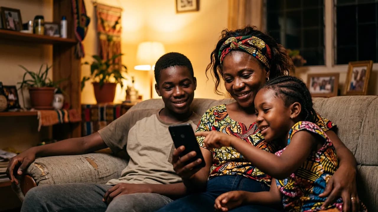 Une mère assise sur le canapé du salon, le soir, entre son fils adolescent et sa fille plus jeune ; la fillette touche l'écran du téléphone que tient sa mère, le garçon attend son tour en souriant.