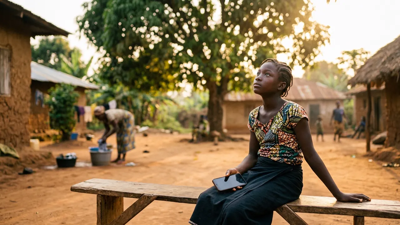 Une collégienne assise sur un banc dans une cour, en fin d'après-midi, le téléphone posé sur les genoux, lève les yeux vers un grand manguier, l'air détendu.