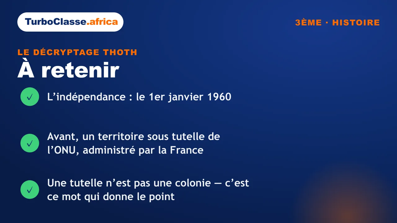 Carte « à retenir » : la date du 1er janvier 1960, l'ONU comme autorité internationale, et la différence entre tutelle et colonie. Fond bleu nuit TurboClasse.