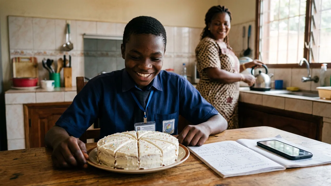 Un collégien en uniforme, à la table de la cuisine, sourit devant un gâteau rond coupé en parts égales ; son cahier de maths et son téléphone sont posés à côté, sa mère s'affaire derrière lui.