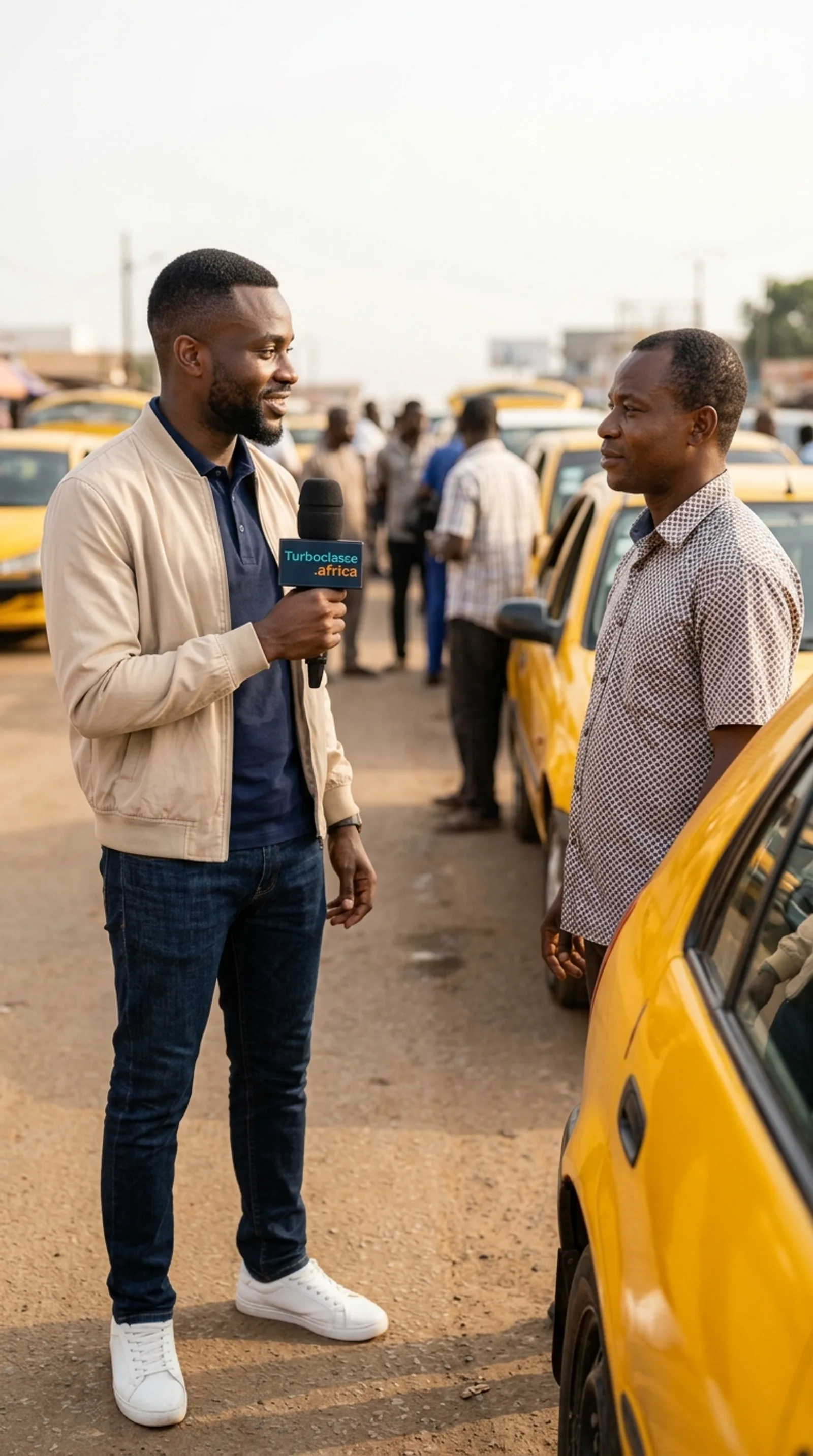 Un journaliste interviewe un chauffeur de taxi à une station au Cameroun