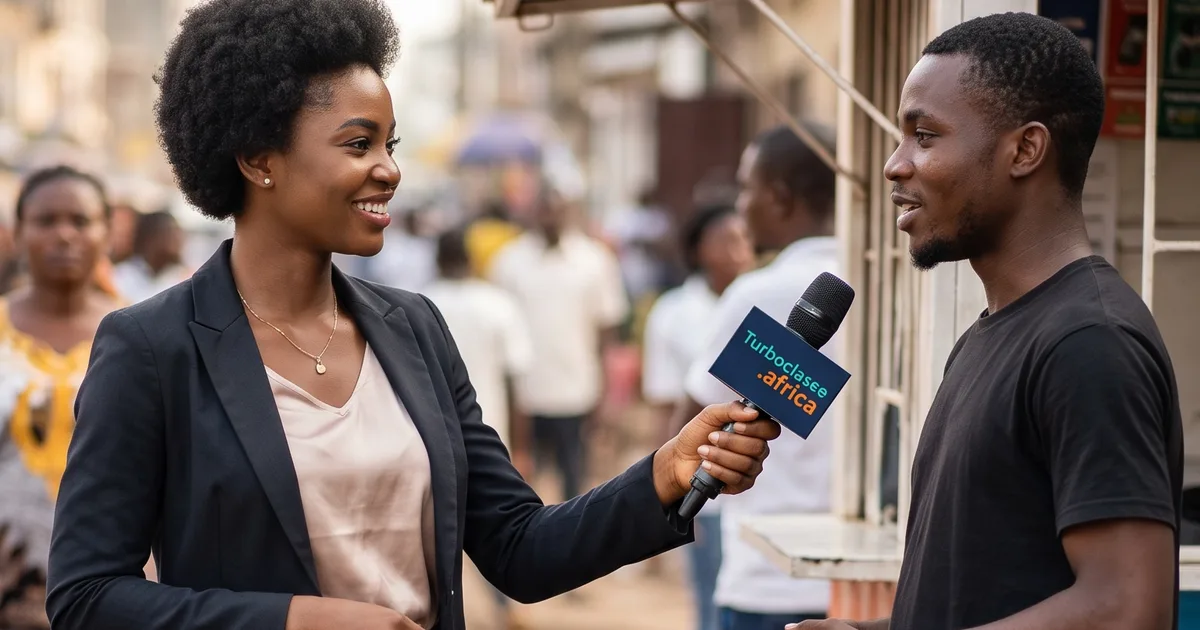 Une journaliste interviewe un jeune homme près d'un kiosque de rue au Cameroun
