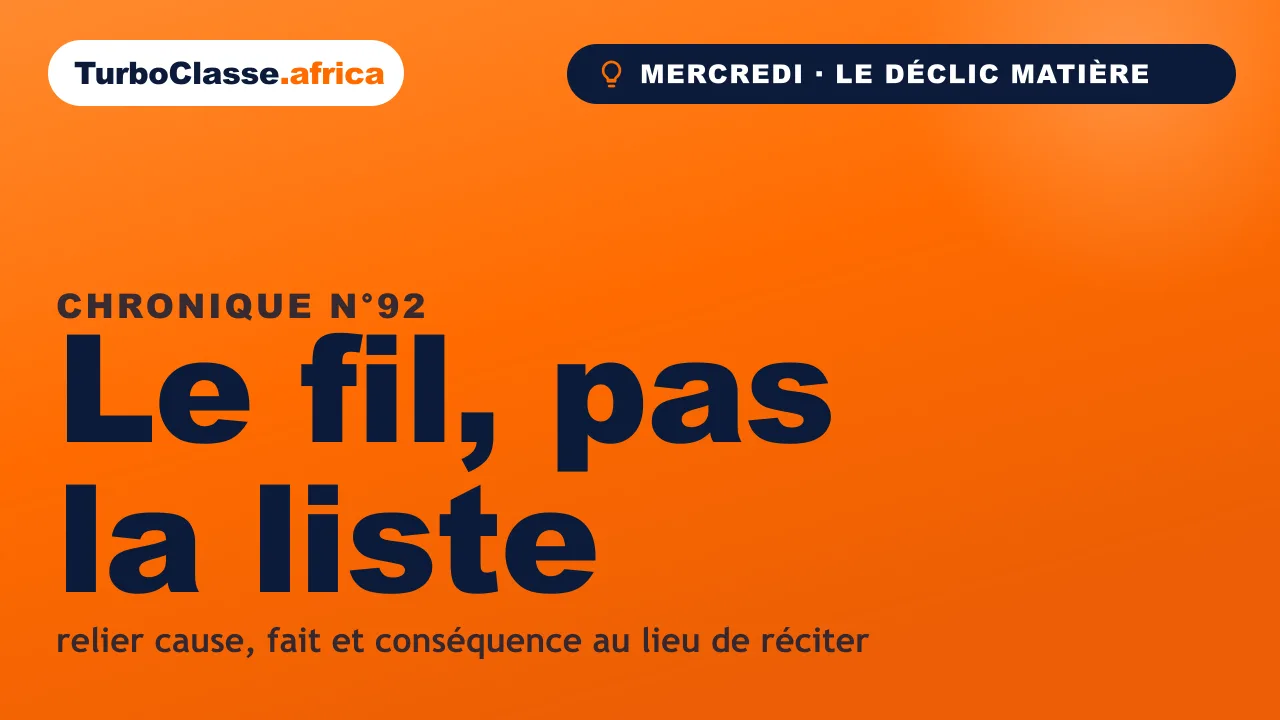 Chronique THOTH « Le fil, pas la liste » — apprendre l'histoire en cause, fait et conséquence, sur fond orange TurboClasse.