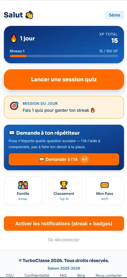 Tableau de bord élève : XP, streak, mission du jour, matières à travailler