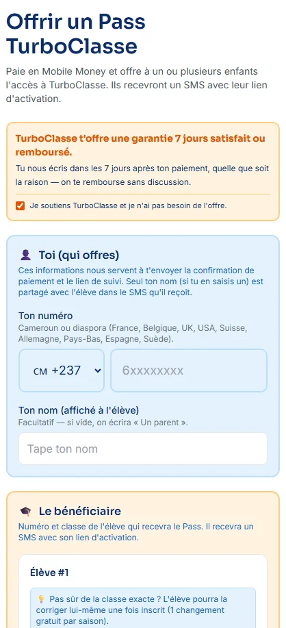 Tableau de bord parent montrant l'envoi facile d'un Pass par SMS