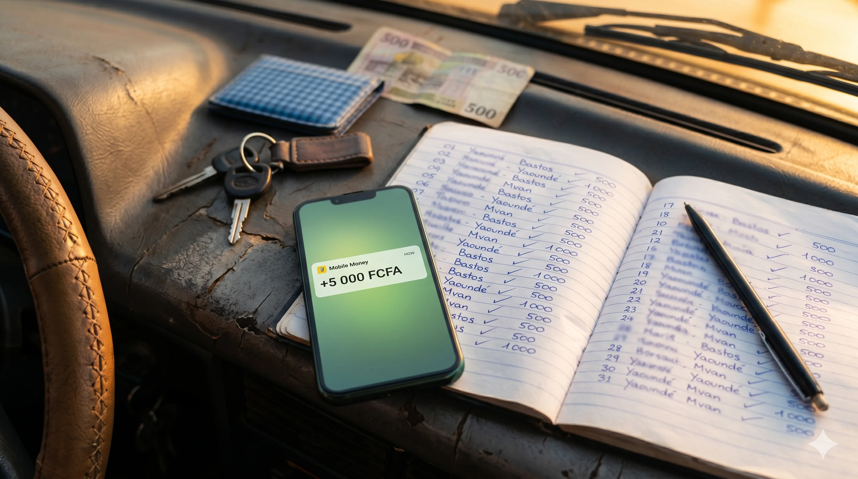 Sur le tableau de bord d'un taxi-jaune au crépuscule, un smartphone affiche une notification Mobile Money « +5 000 FCFA » à côté d'un carnet de courses ouvert où une trentaine d'entrées du jour ont été cochées à la main.