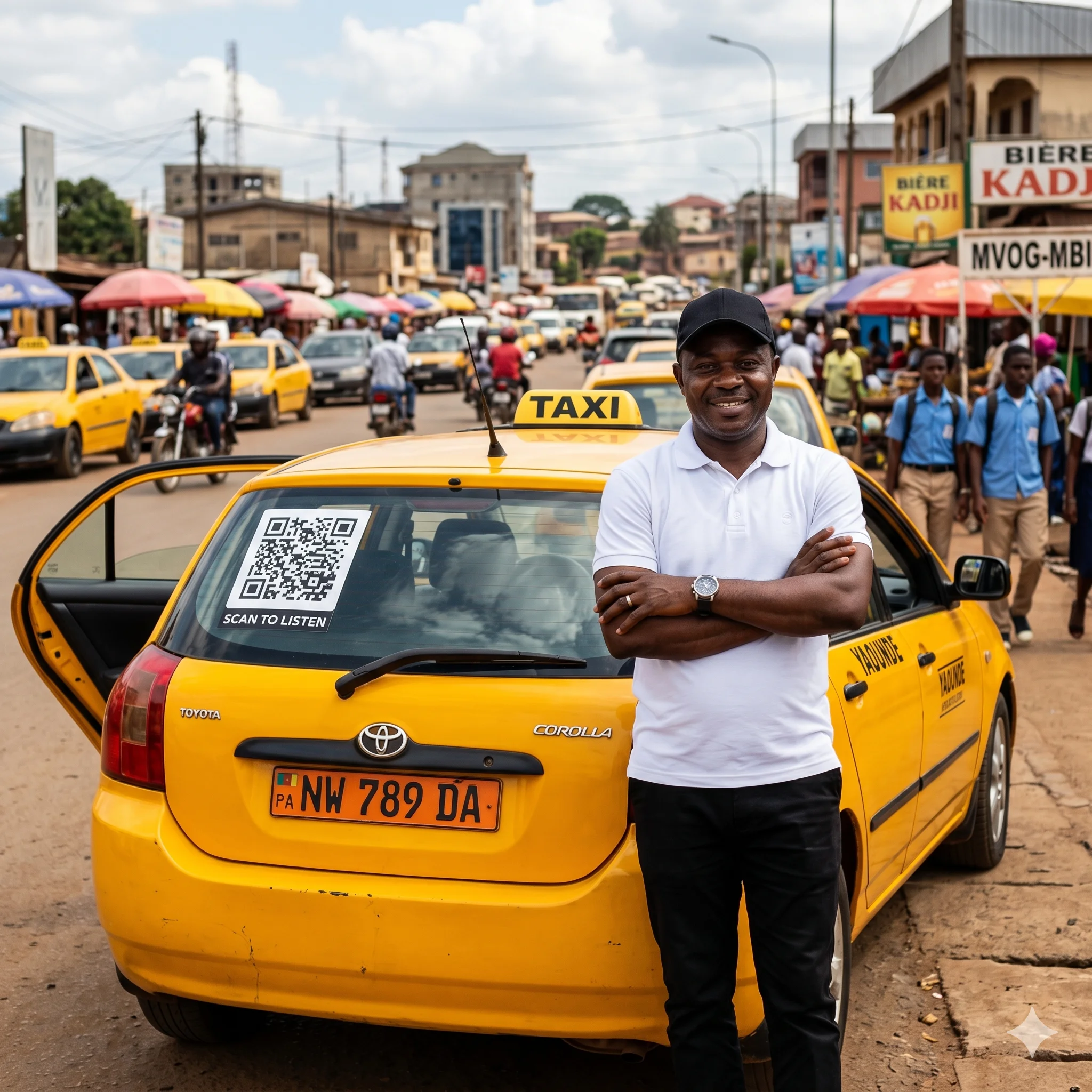 Patron Roland, 39 ans, au volant de son taxi-jaune T-Y 4856 A à Yaoundé, le regard concentré sur la route, embouteillage matinal du carrefour Bastos en arrière-plan.