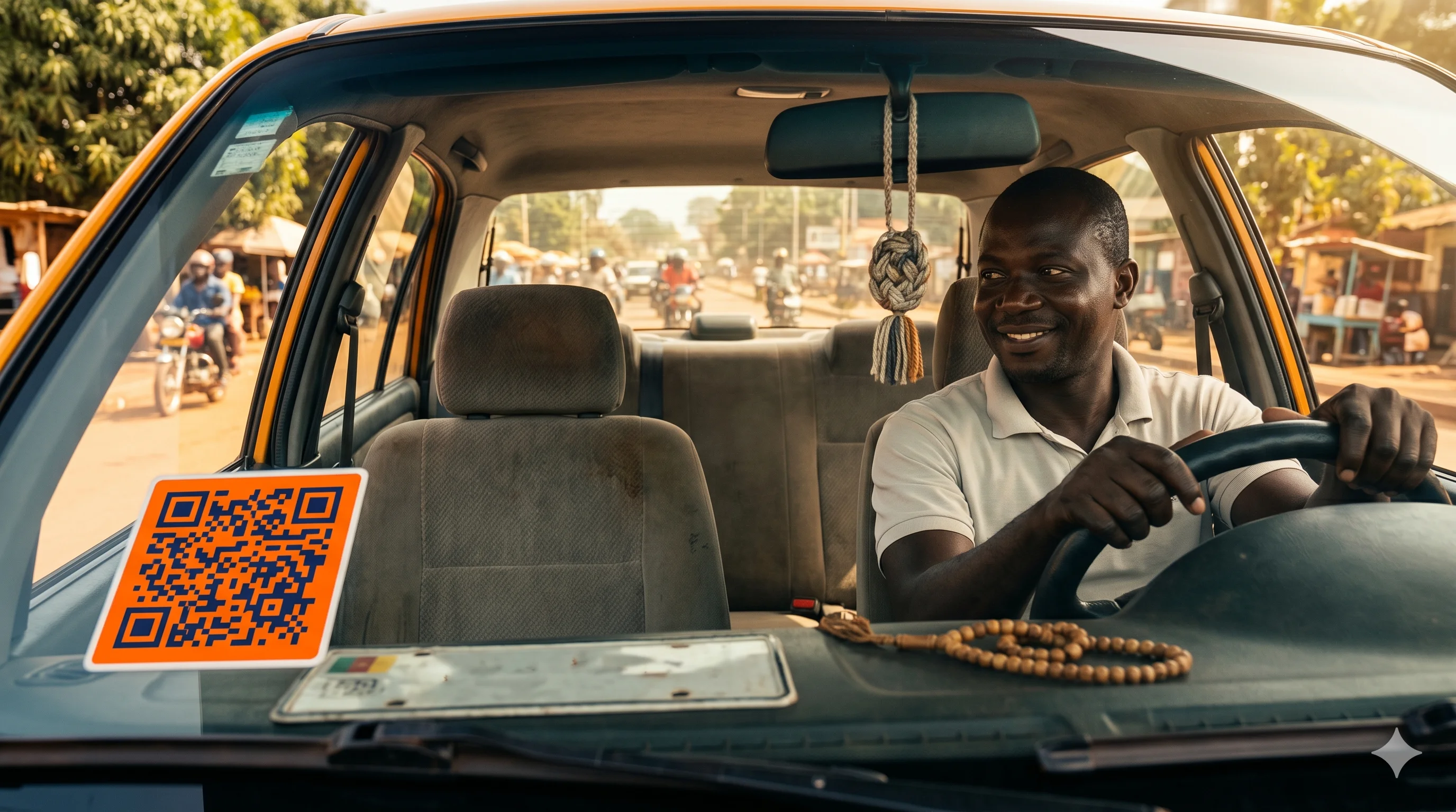 Vue depuis la banquette arrière d'un taxi-jaune à Yaoundé : sticker QR orange et bleu marine de 15×15 cm collé à l'intérieur de la lunette arrière, juste au-dessus de la plaque. Le chauffeur jette un regard fier par-dessus l'épaule.