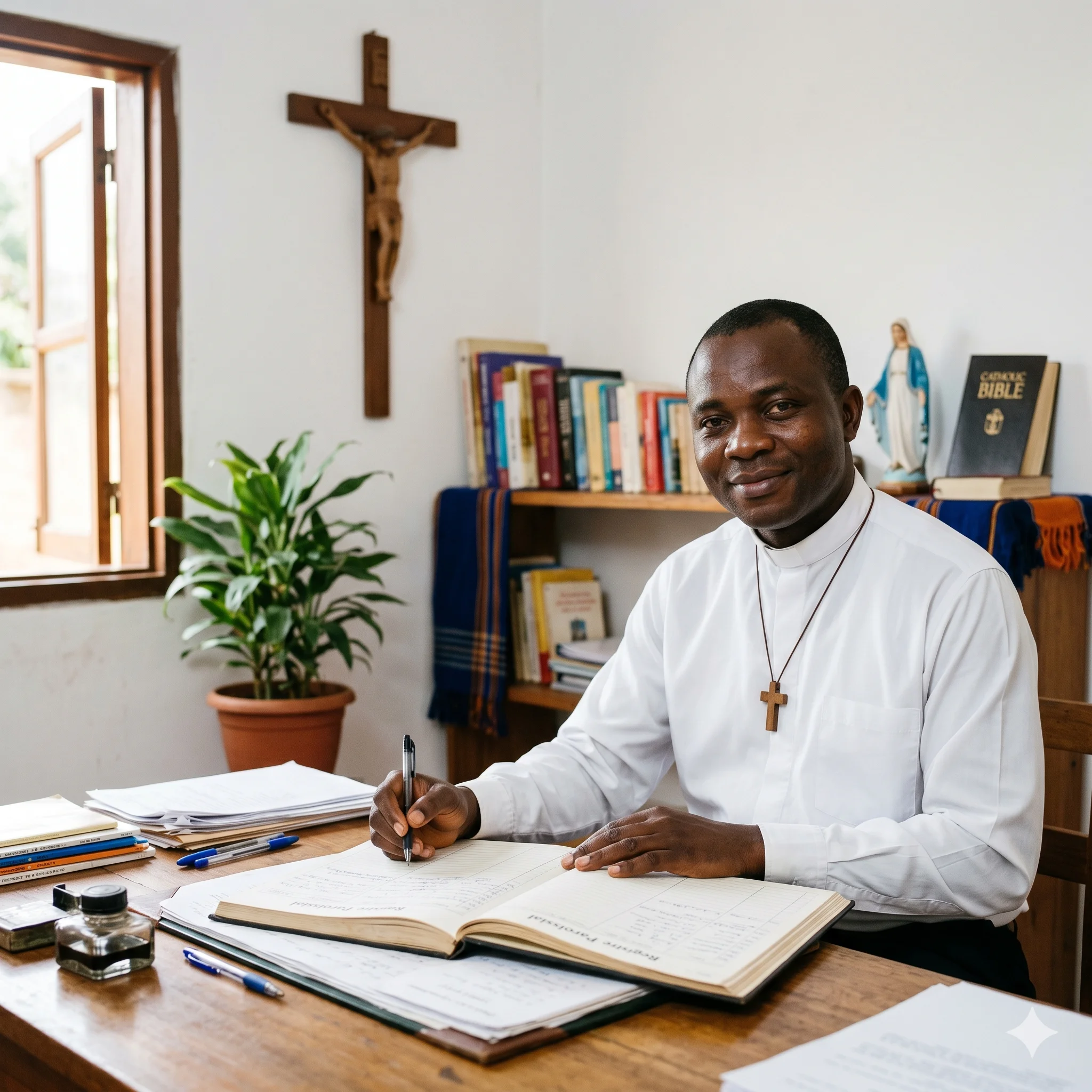 Frère Antoine, 35 ans, secrétaire-catéchiste de la paroisse Saint-Antoine de Mvog-Mbi à Yaoundé, devant l'entrée chaulée de la chapelle un dimanche matin.
