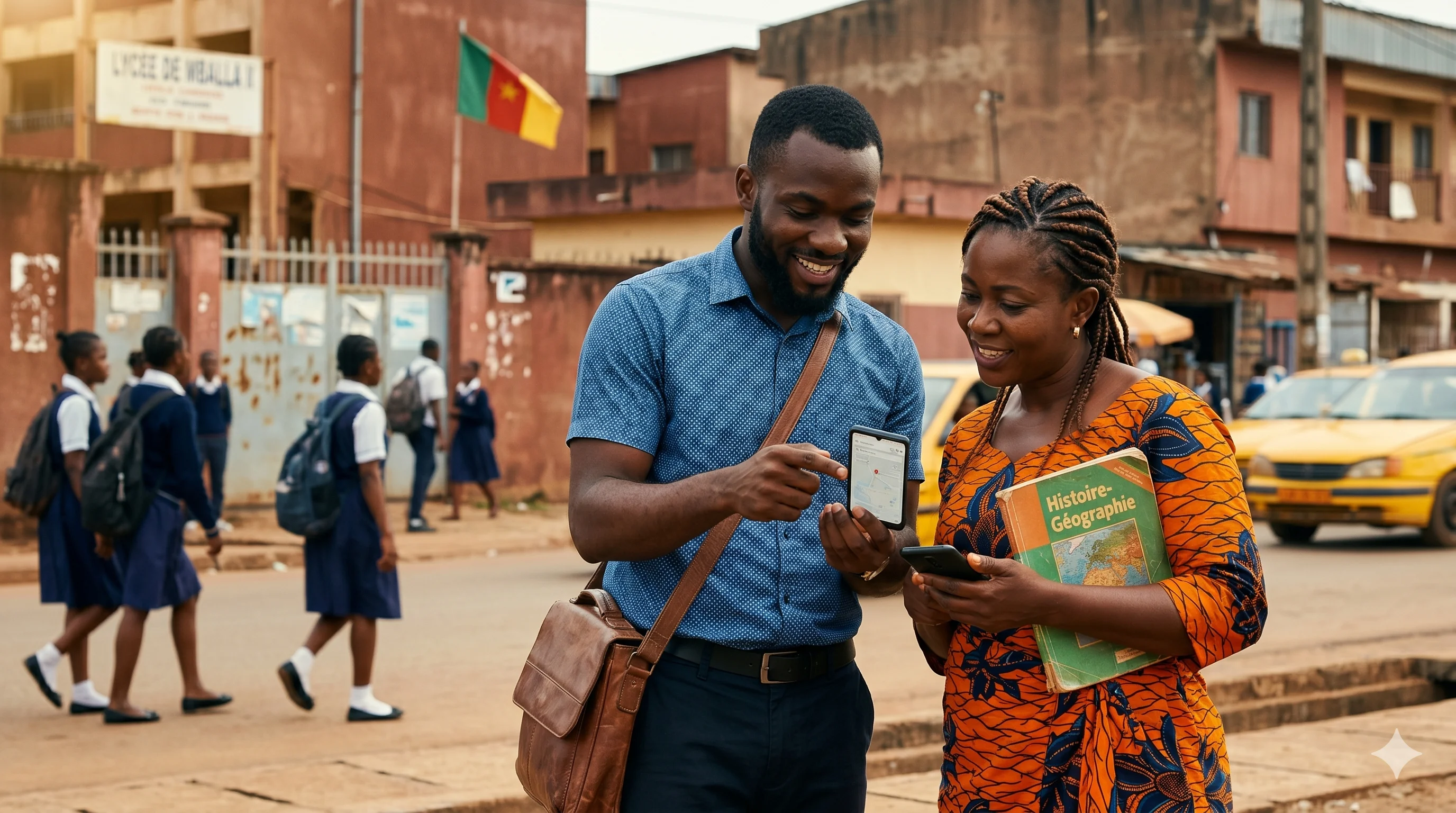 Maître Sébastien, sacoche à l'épaule, montre son smartphone à une maman en ankara devant le portail d'un lycée public de Yaoundé, taxis-jaune en arrière-plan.