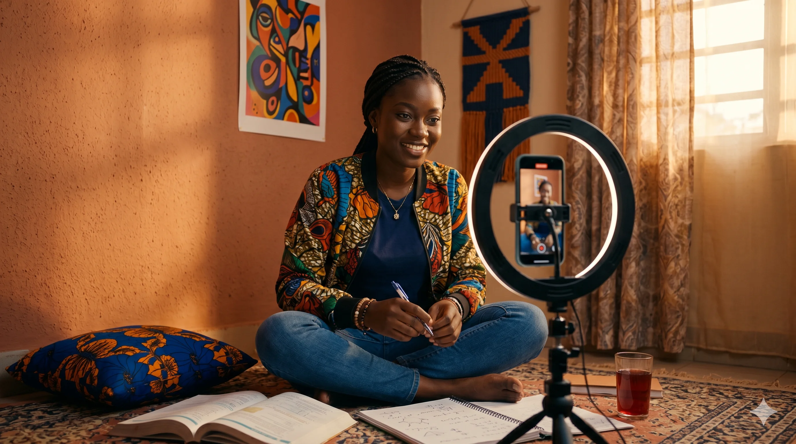 Cynthia, en braids et tenue d'étudiante créative, filme un sketch TikTok depuis le sol de sa chambre étudiante de Yaoundé, ring light et smartphone sur trépied.