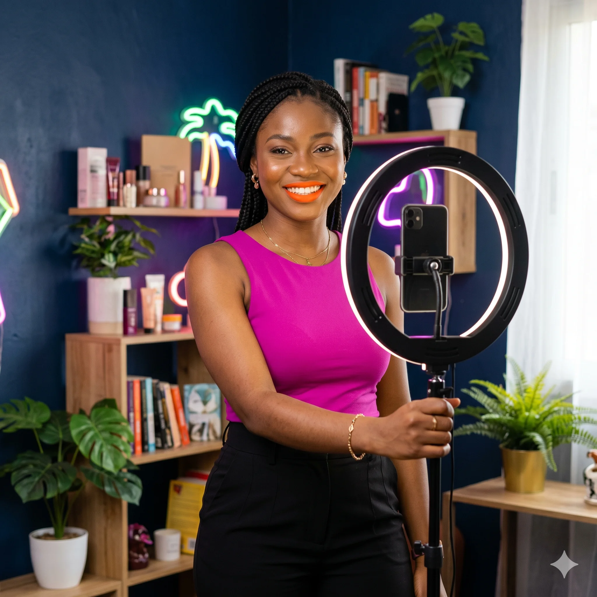 Cynthia, 22 ans, étudiante en communication à l'IUT de Yaoundé et micro-influenceuse TikTok @cynthia_revise237, en train de filmer un sketch dans sa chambre étudiante.