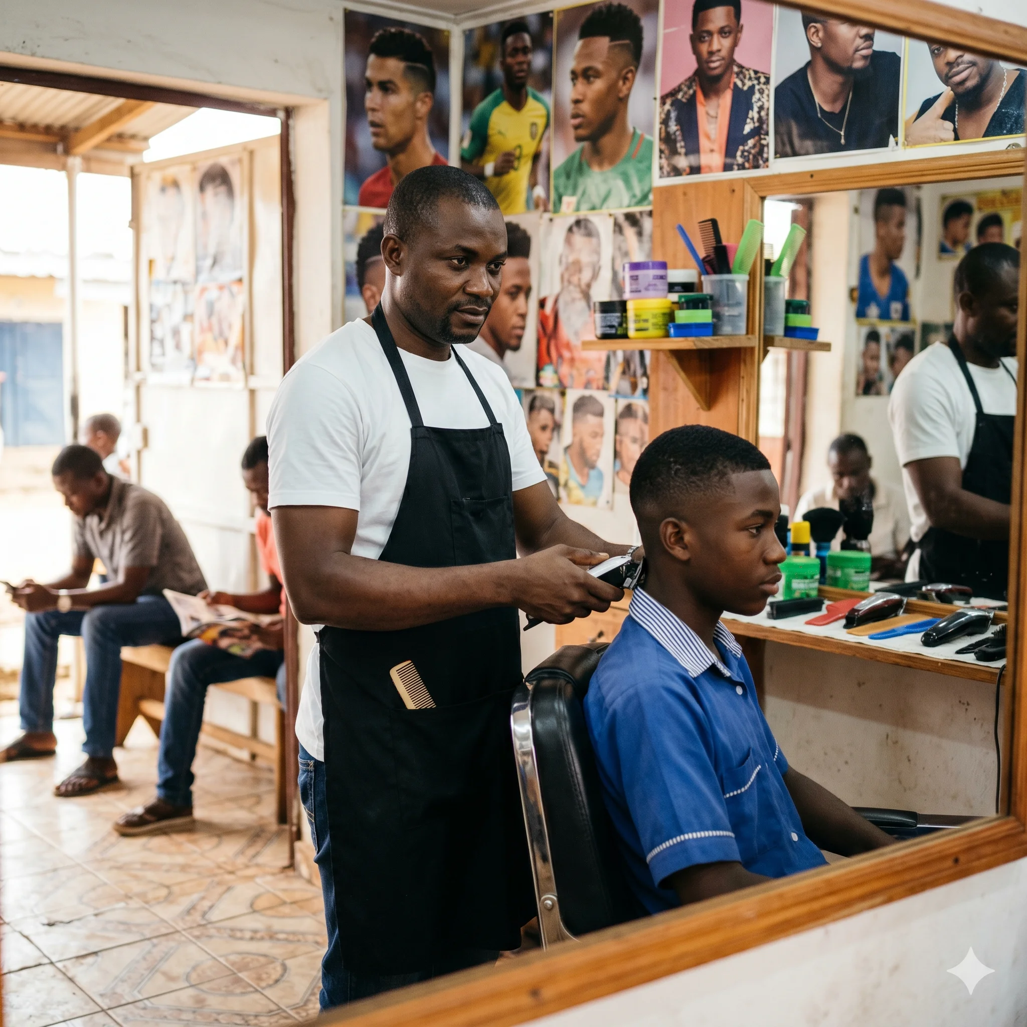 Patron Achille, 34 ans, barbier au salon Style ACH à Briqueterie (Yaoundé), tablier de coiffeur et tondeuse à la main devant son fauteuil principal.