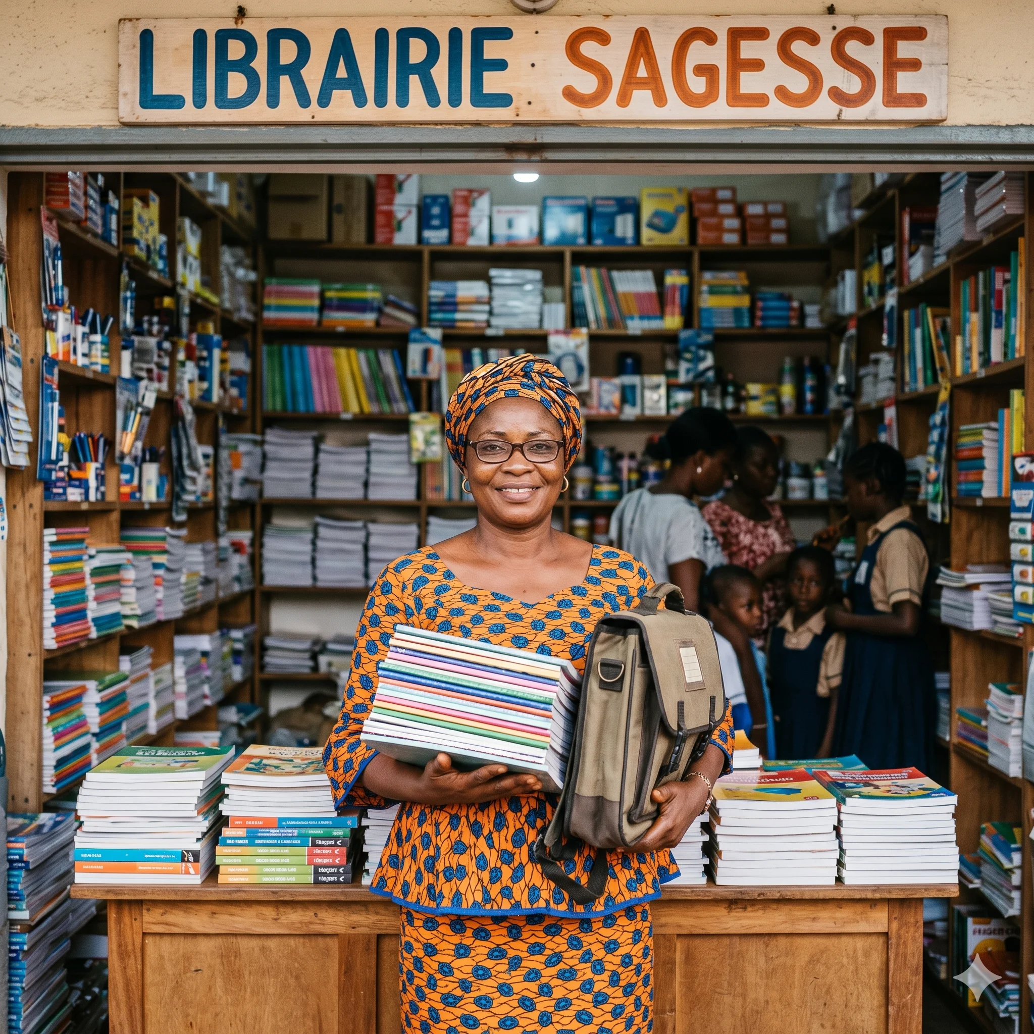 Madame Pélagie, 47 ans, propriétaire de la Librairie Sagesse à Mendong (Yaoundé), derrière son comptoir de manuels Hatier et de cahiers Conquérant en pleine période de rentrée.