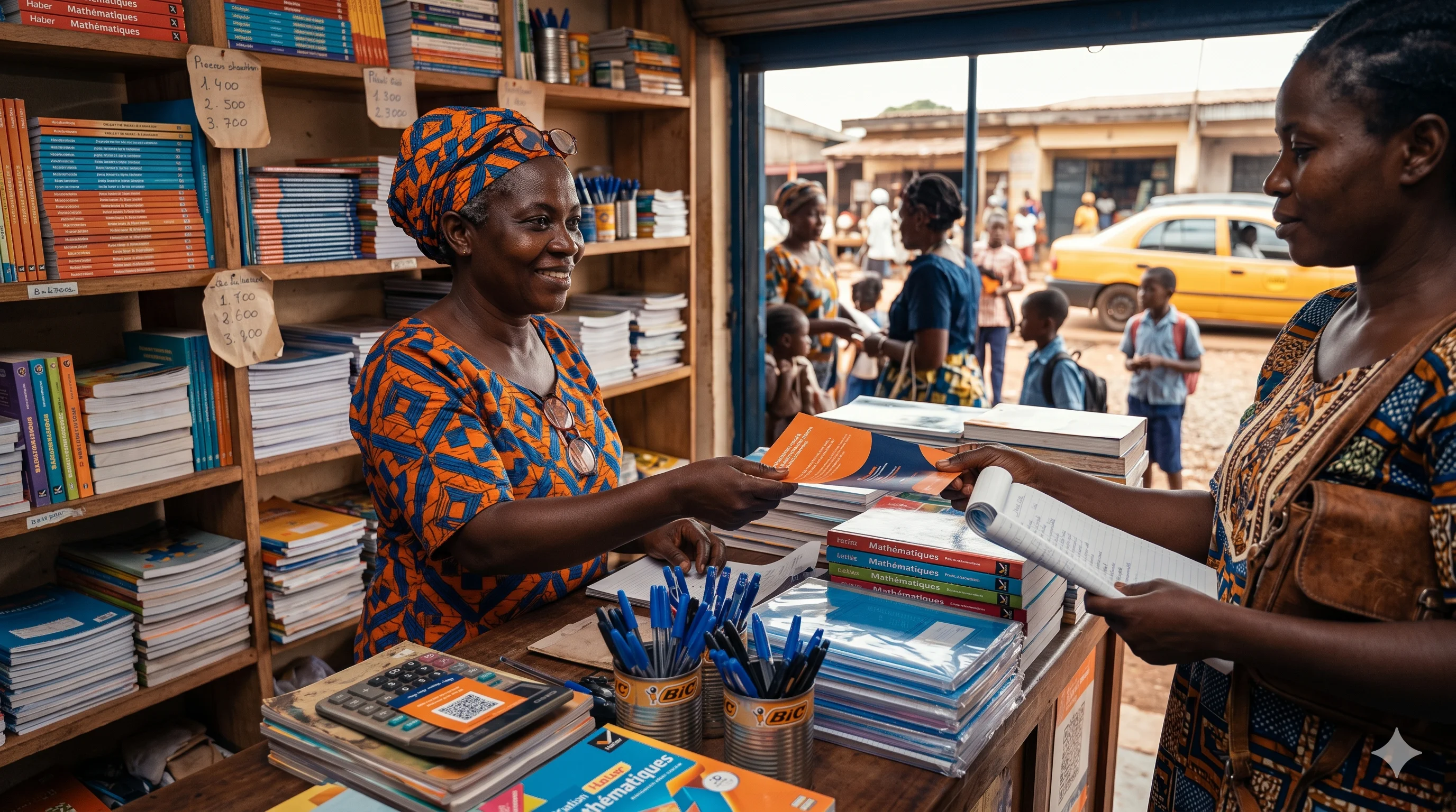 Madame Pélagie en ankara et lunettes de lecture, derrière son comptoir couvert de manuels Hatier et de cahiers Conquérant, tend un petit tract orange-bleu à une maman qui tient une longue liste scolaire.