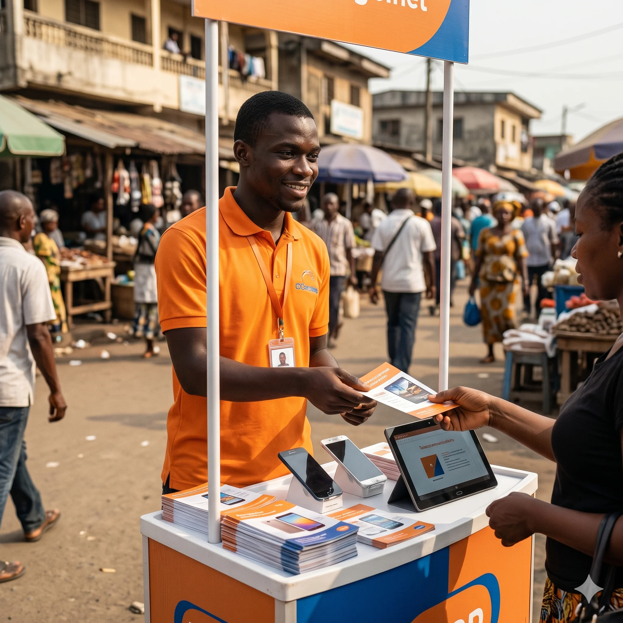 Bonaventure, 25 ans, étudiant en marketing à l'IUT de Douala, polo blanc et badge propre devant son stand promotionnel au Carrefour des Bibliothèques.