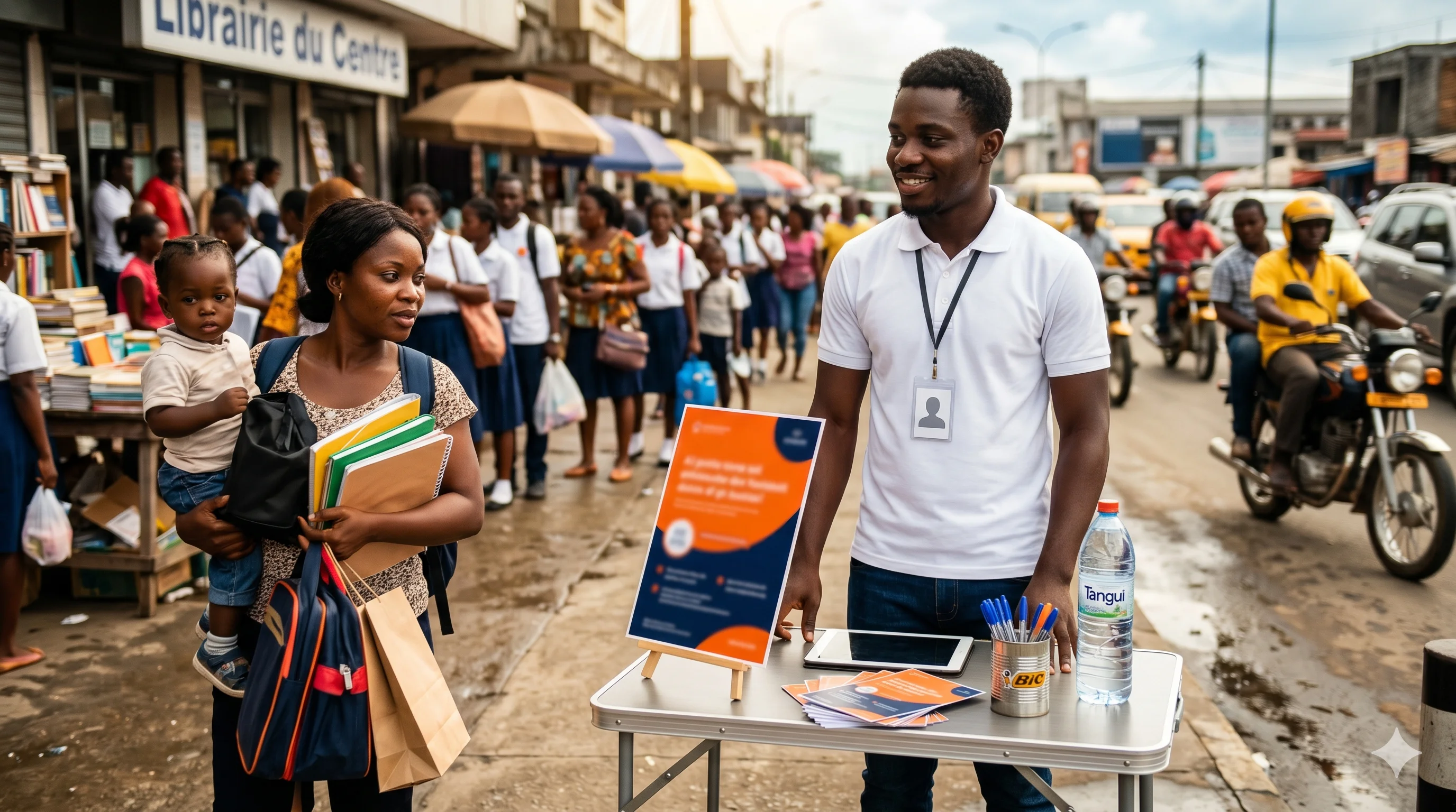 Bonaventure, polo blanc, badge propre, derrière son petit stand pliant devant le Carrefour des Bibliothèques à Douala, parle à une maman portant les fournitures de son enfant.