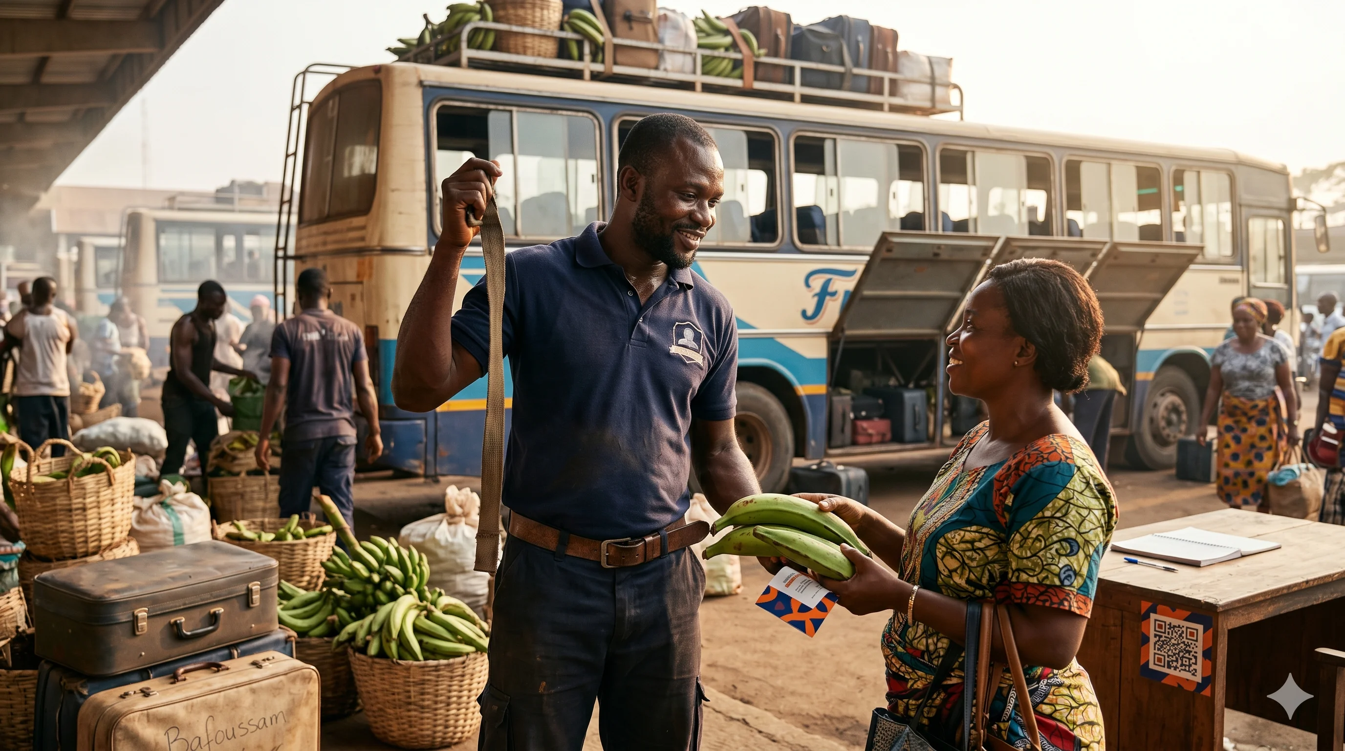 Patron Bertin en polo navy avec badge, attache un régime de plantain sur le toit d'un car Finexs pendant qu'une maman lui tend un petit tract orange-bleu, bureau d'enregistrement avec sticker QR visible.