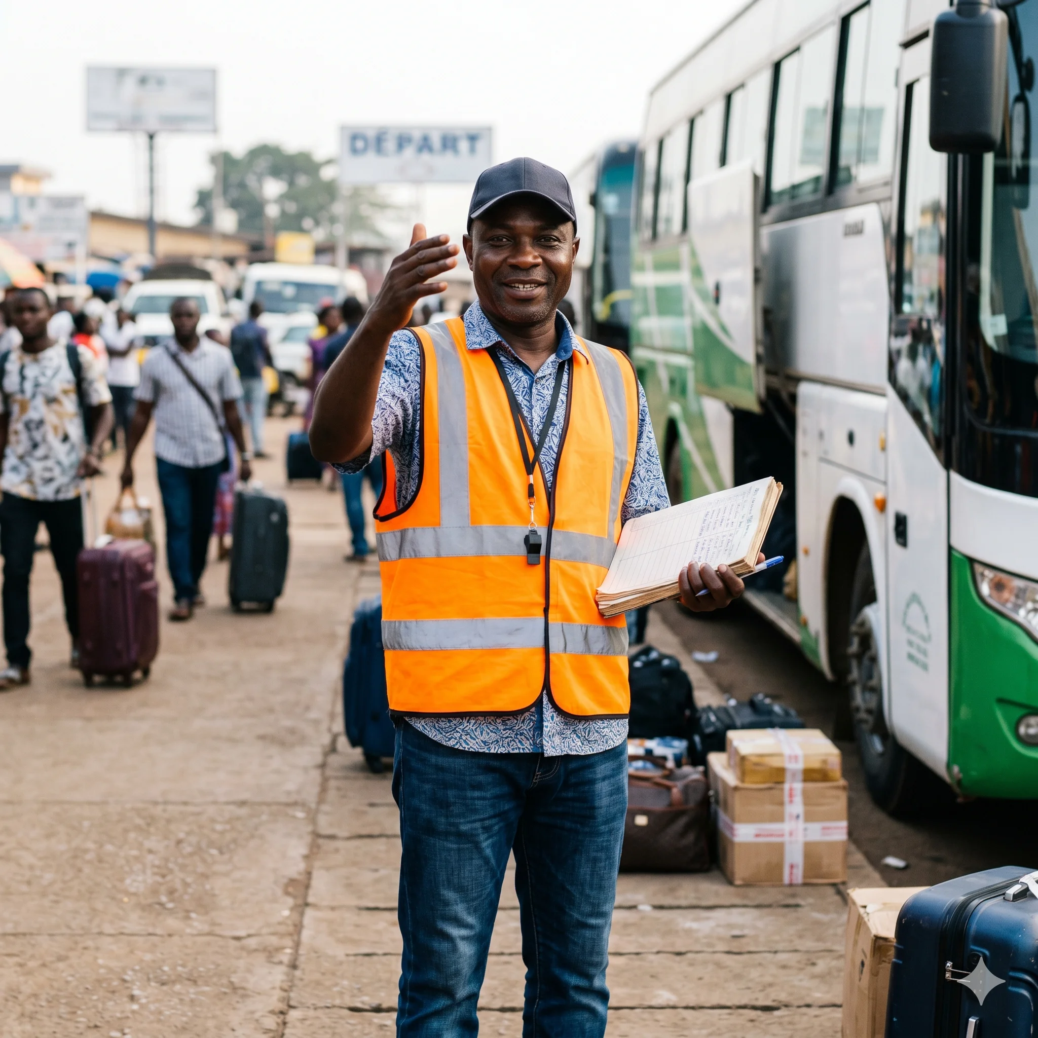 Patron Bertin, 36 ans, dock chargeur en chef à l'agence Finexs Bobinga à Yaoundé, polo navy, en plein travail de sanglage des bagages sur le toit d'un bus interurbain.