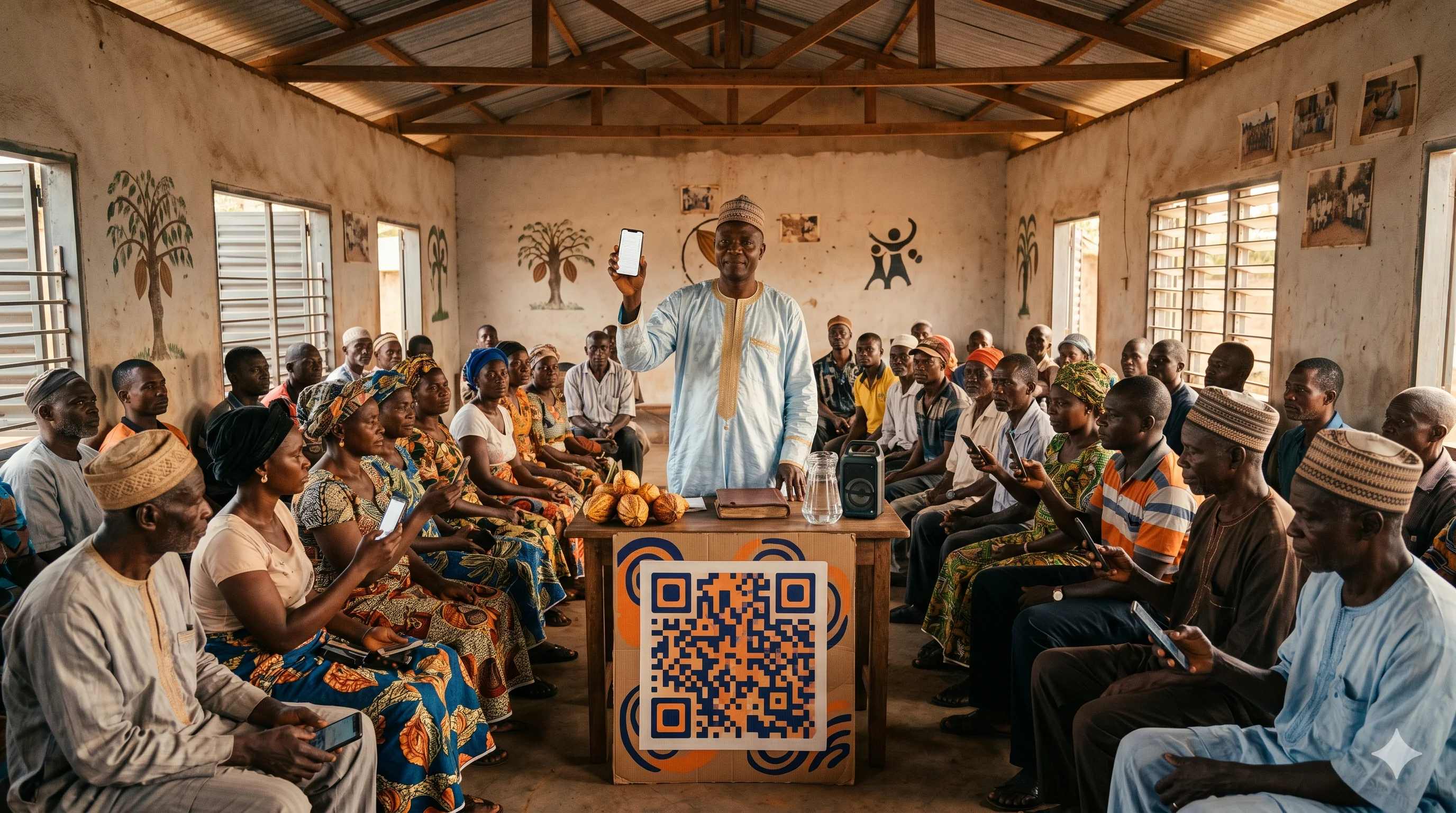 Patron Vincent en boubou clair, debout devant une assemblée de la Coopaca, présente son smartphone à une trentaine de familles paysannes assises sur des bancs en bois dans une salle communautaire de Mbalmayo.
