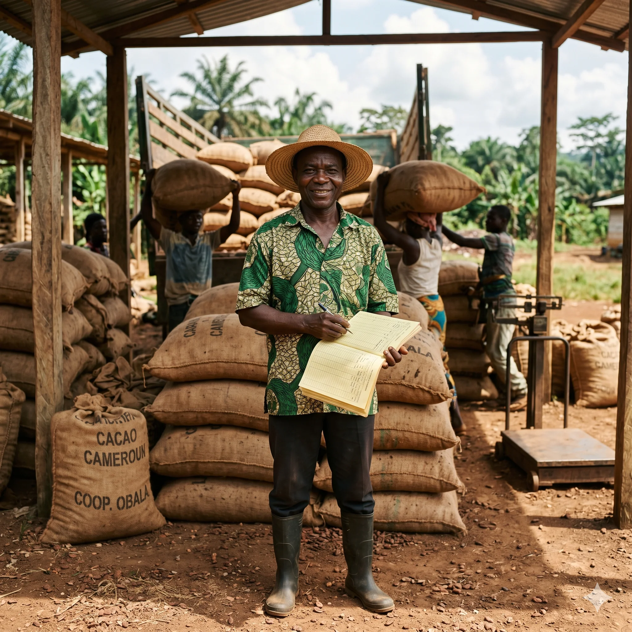 Patron Vincent, 51 ans, président de la coopérative cacaoyère Coopaca-Mbalmayo, devant une cabosse de cacao ouverte dans la salle de réunion communautaire.