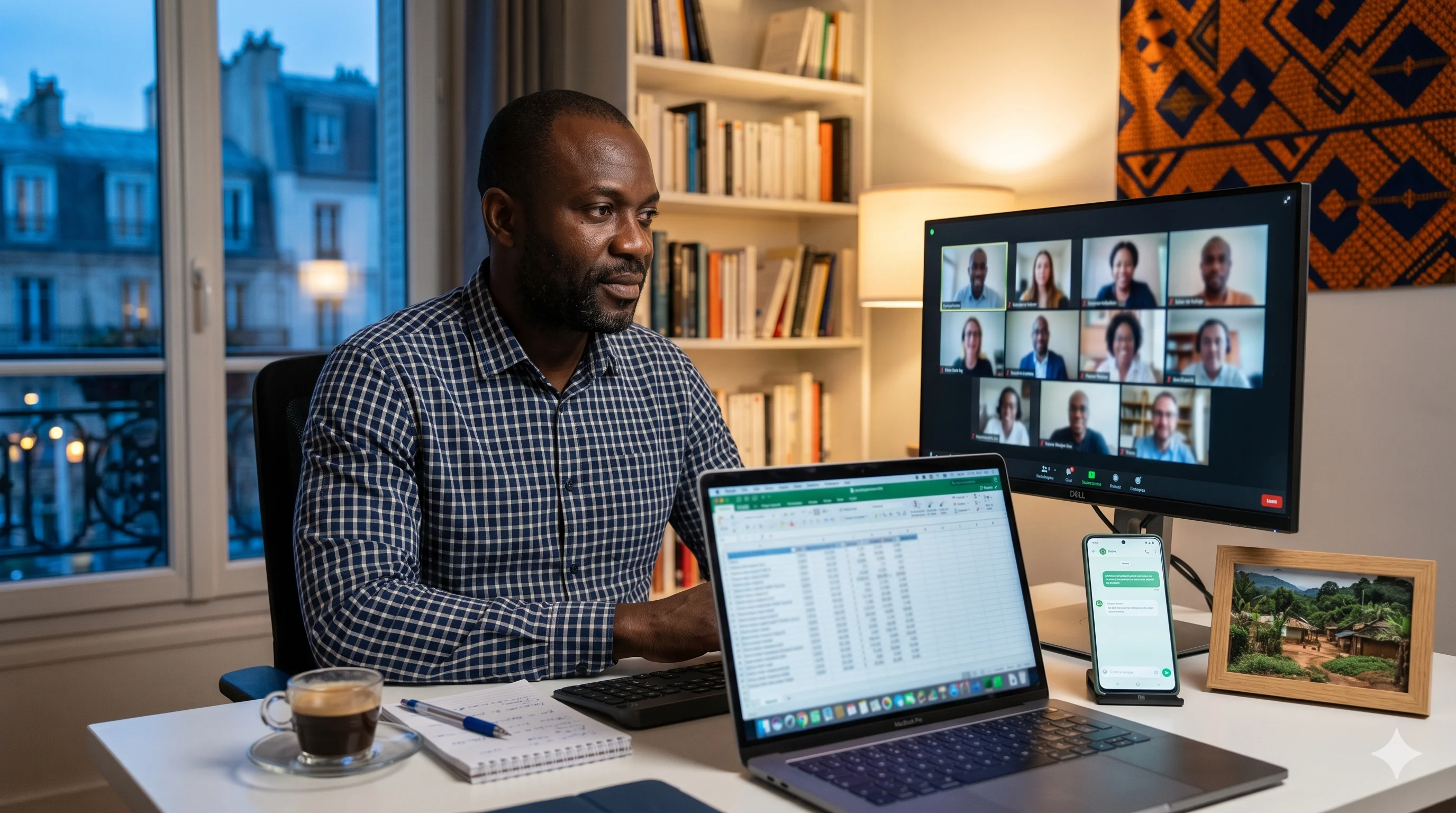 Maître Charles à son bureau à Paris en pleine réunion Zoom CDV, écran 27 pouces, café, smartphone à côté affichant une notification verte Mobile Money.