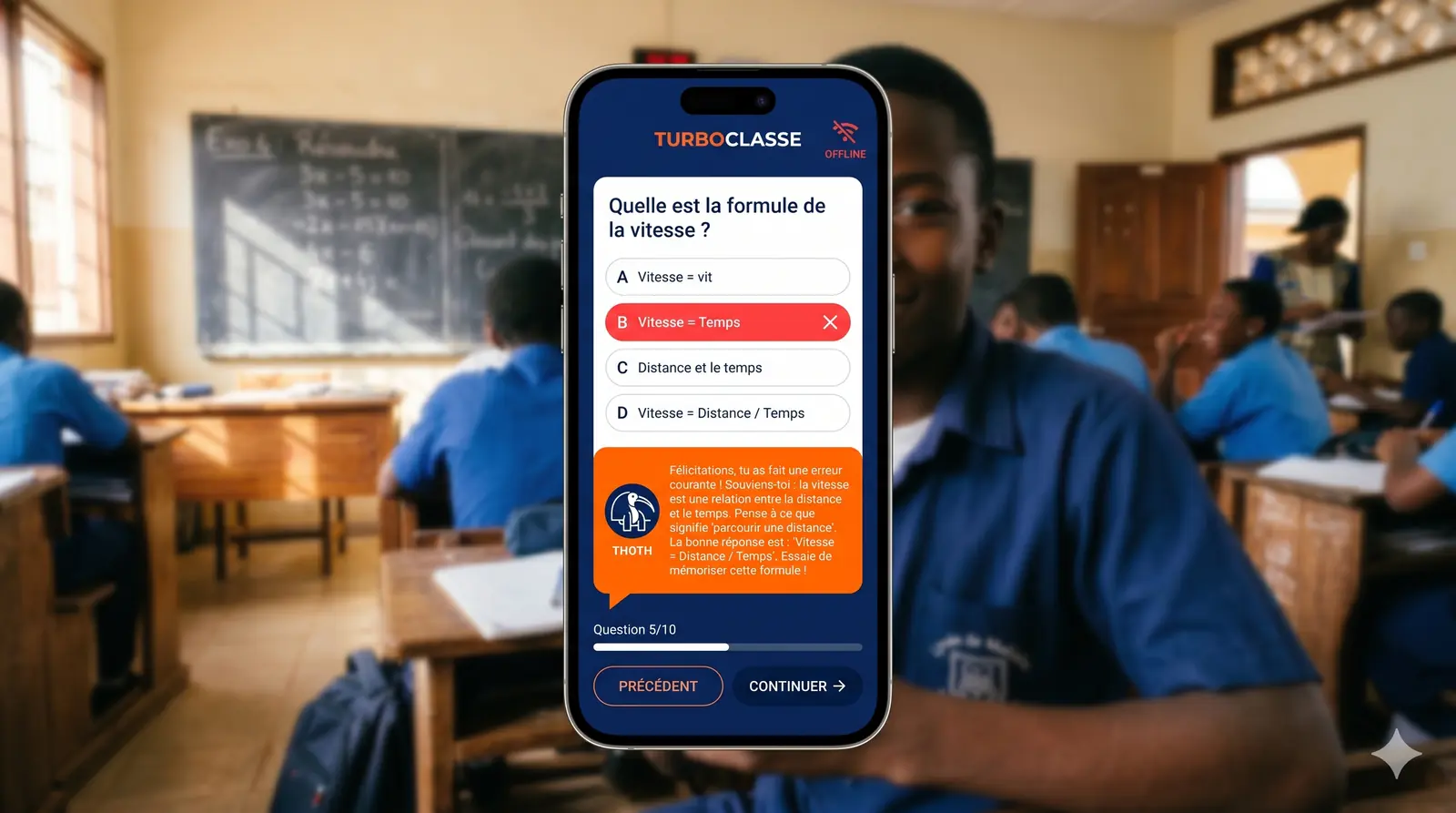 THOTH, l'IA pédagogique TurboClasse, corrige un exercice de physique en mode hors-ligne