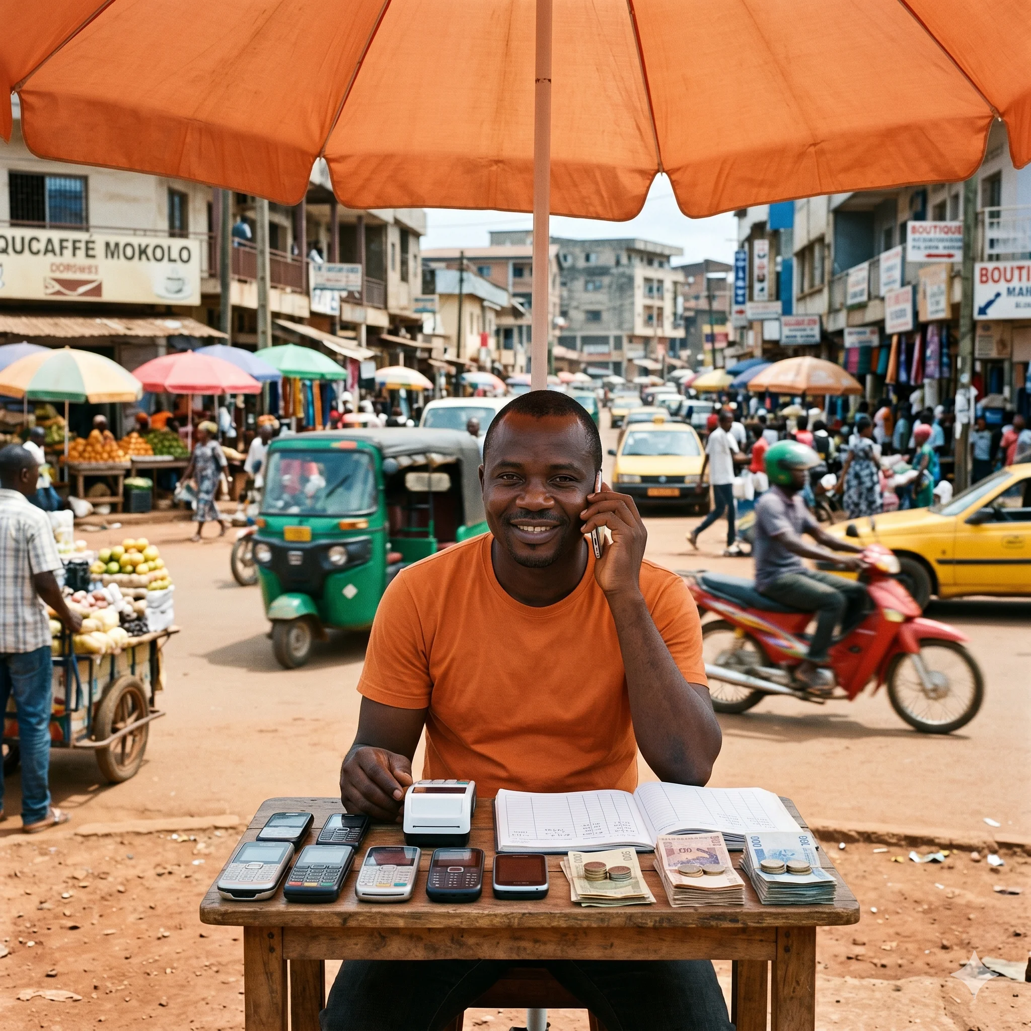 Patron Théophile, 39 ans, call-boxeur stratégique au carrefour Mvog-Ada à Yaoundé, debout sous son grand parasol orange devant sa table de téléphones de recharge.