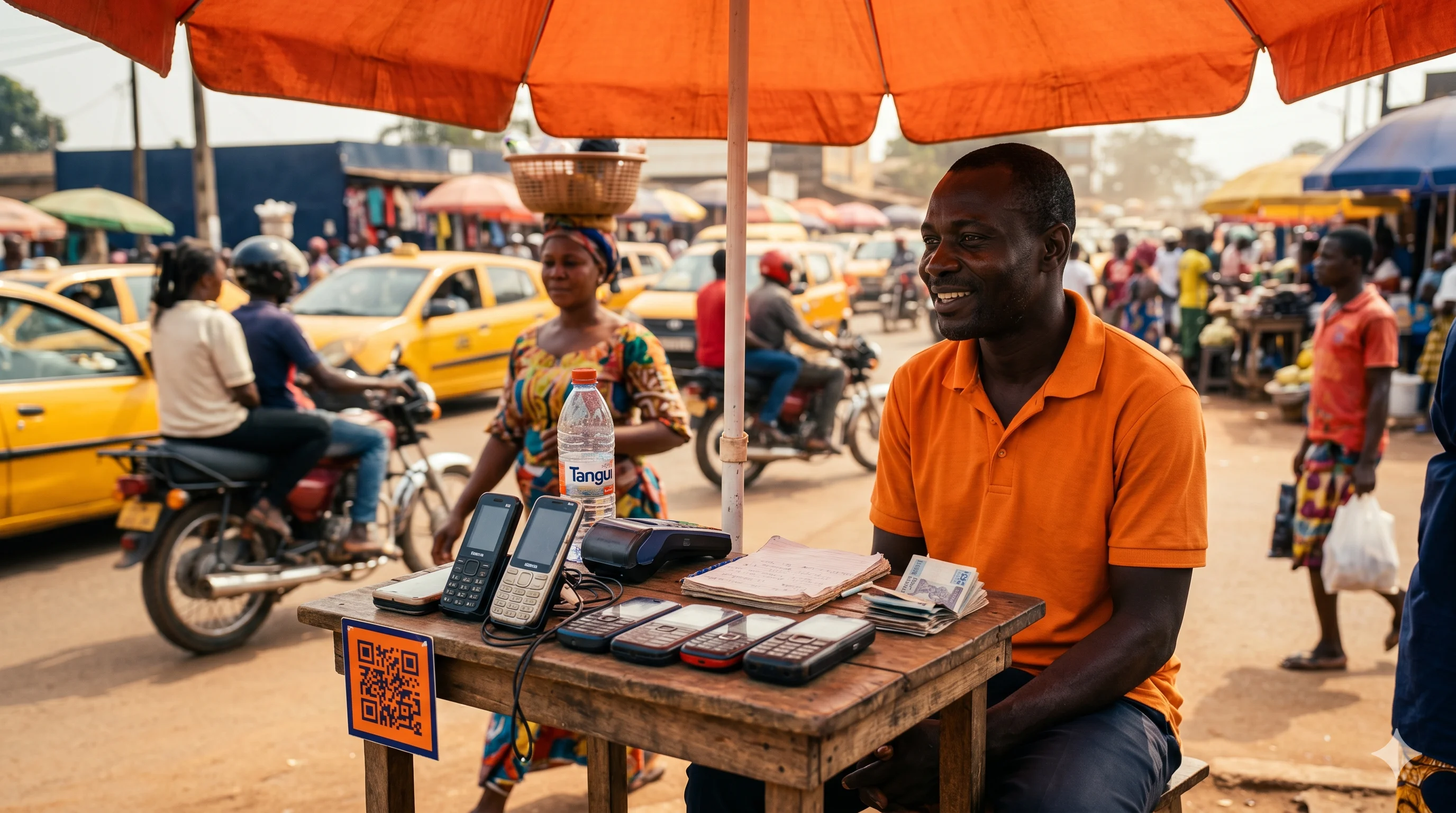 Patron Théophile sous son parasol orange à Mvog-Ada, accueille une cliente devant sa table couverte de téléphones de recharge ; un petit sticker QR orange et bleu est posé au coin de la table à hauteur d'œil.