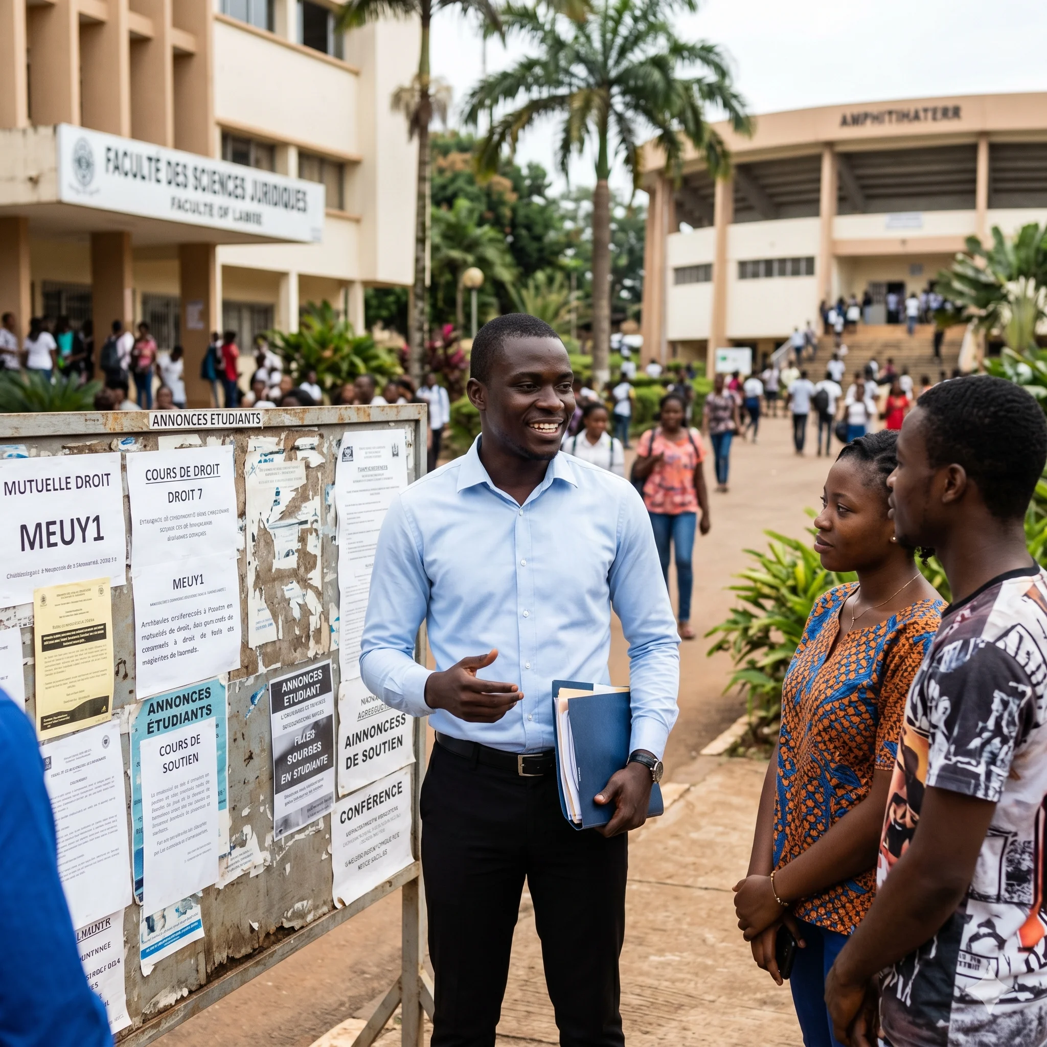 Patron Henri, 24 ans, président de la Mutuelle des Étudiants de Yaoundé I — section droit, devant l'amphithéâtre 200 un samedi soir d'AG annuelle.