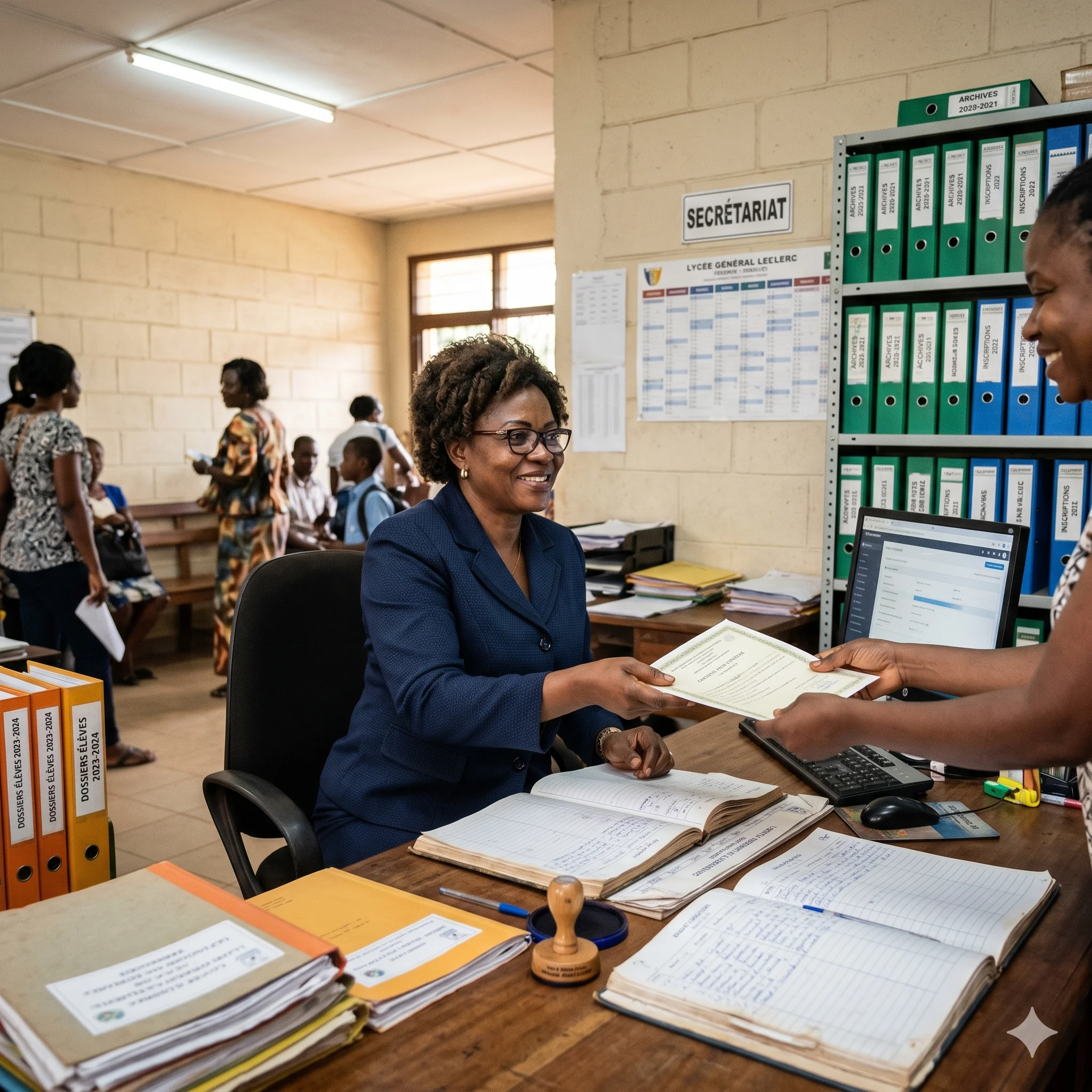 Madame Suzanne, secrétaire administrative d'un lycée camerounais, derrière le comptoir du secrétariat, remet un certificat à une mère venue pour son enfant ; tampon officiel et registres ouverts sur le bureau, quelques parents attendent à l'arrière-plan.