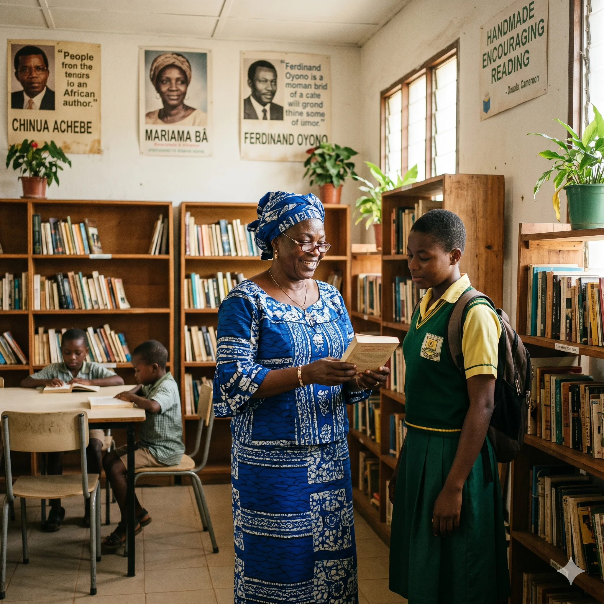 Madame Albertine, gérante de la Bibliothèque de Bonamoussadi (Douala), entre les rayons de livres, conseille un ouvrage à une lycéenne ; kaba en pagne wax bleu, étagères en bois pleines de livres, enfants qui lisent à une table.