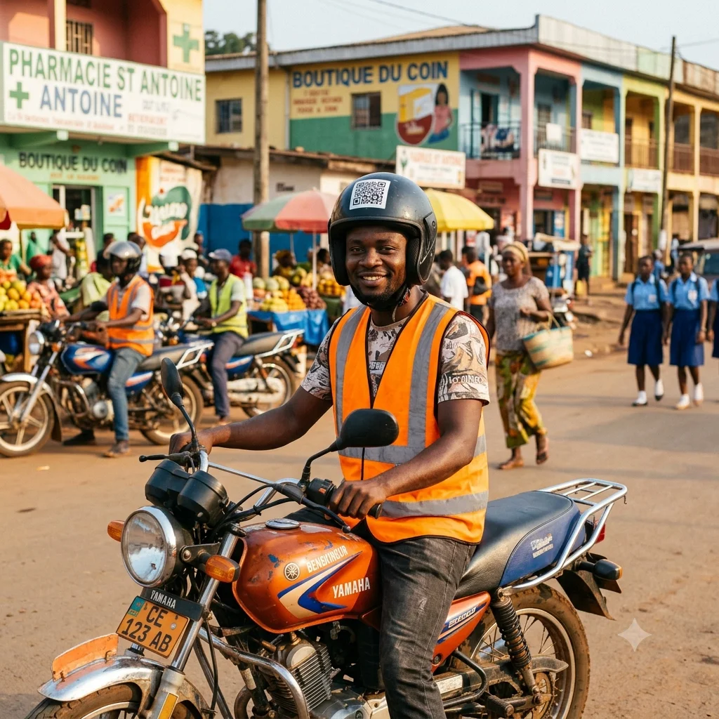 Bertrand, bend-skineur à Bafoussam, posé sur sa moto à un carrefour de quartier, un sticker QR code bien visible collé à l'arrière de son casque.