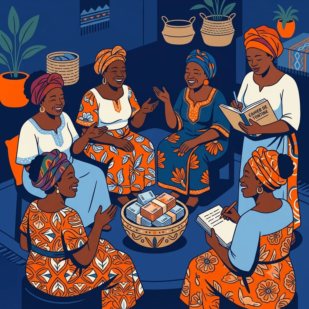 Maman Henriette, présidente de tontine à Mokolo (Yaoundé), assise au centre du cercle de mamans un dimanche après-midi, le grand cahier de tontine ouvert devant elle et des billets de FCFA empilés sur la table basse.