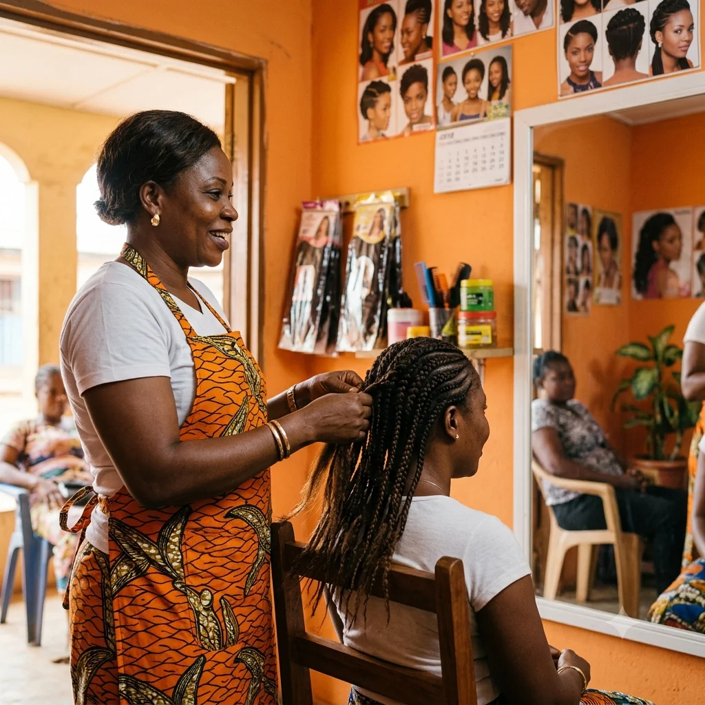 Tresseuse camerounaise au travail dans son salon avec smartphone et code Ambassadrice à l'écran