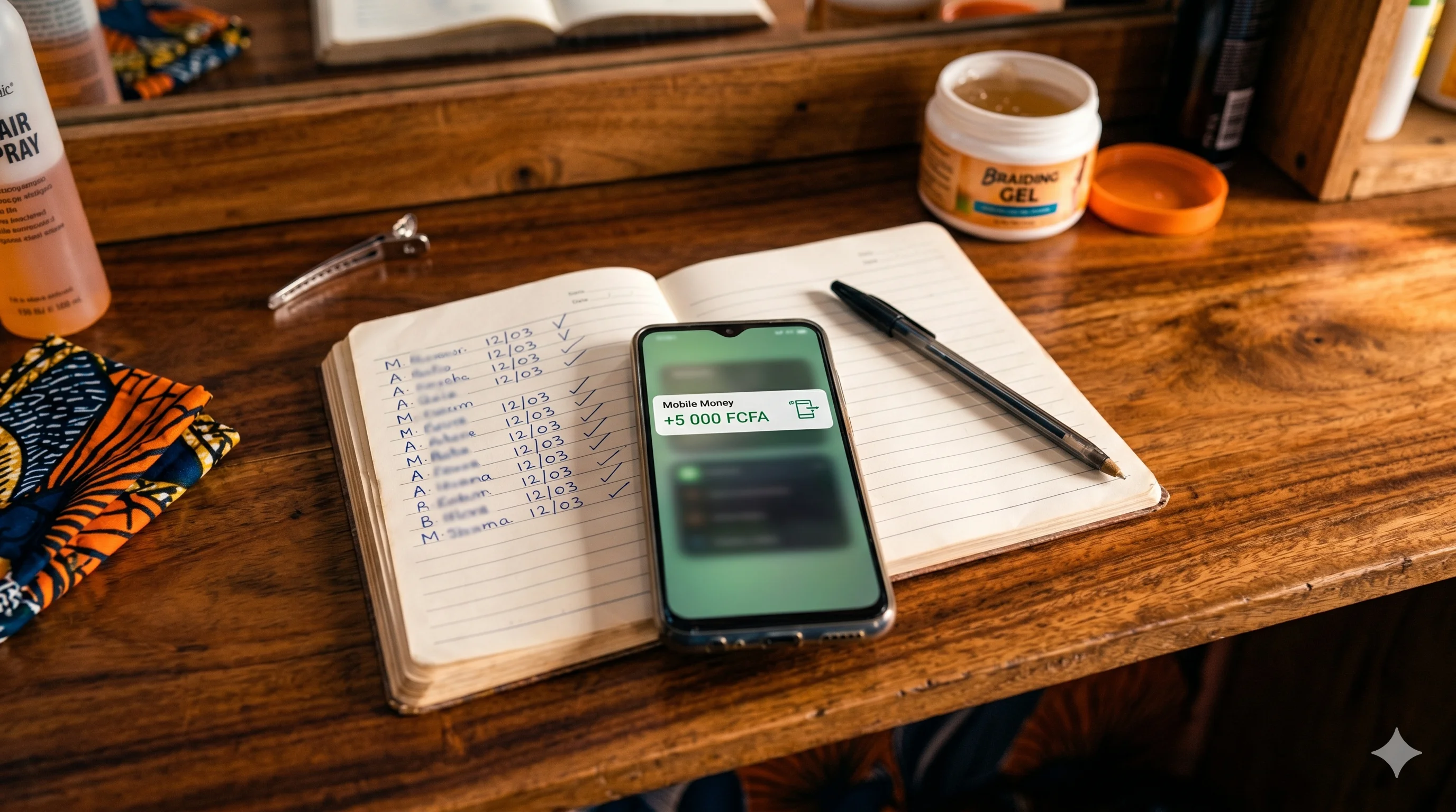 Un téléphone affiche une notification Mobile Money de 5 000 FCFA crédités, à côté d'un carnet où une tresseuse a noté 12 ventes pour le mois