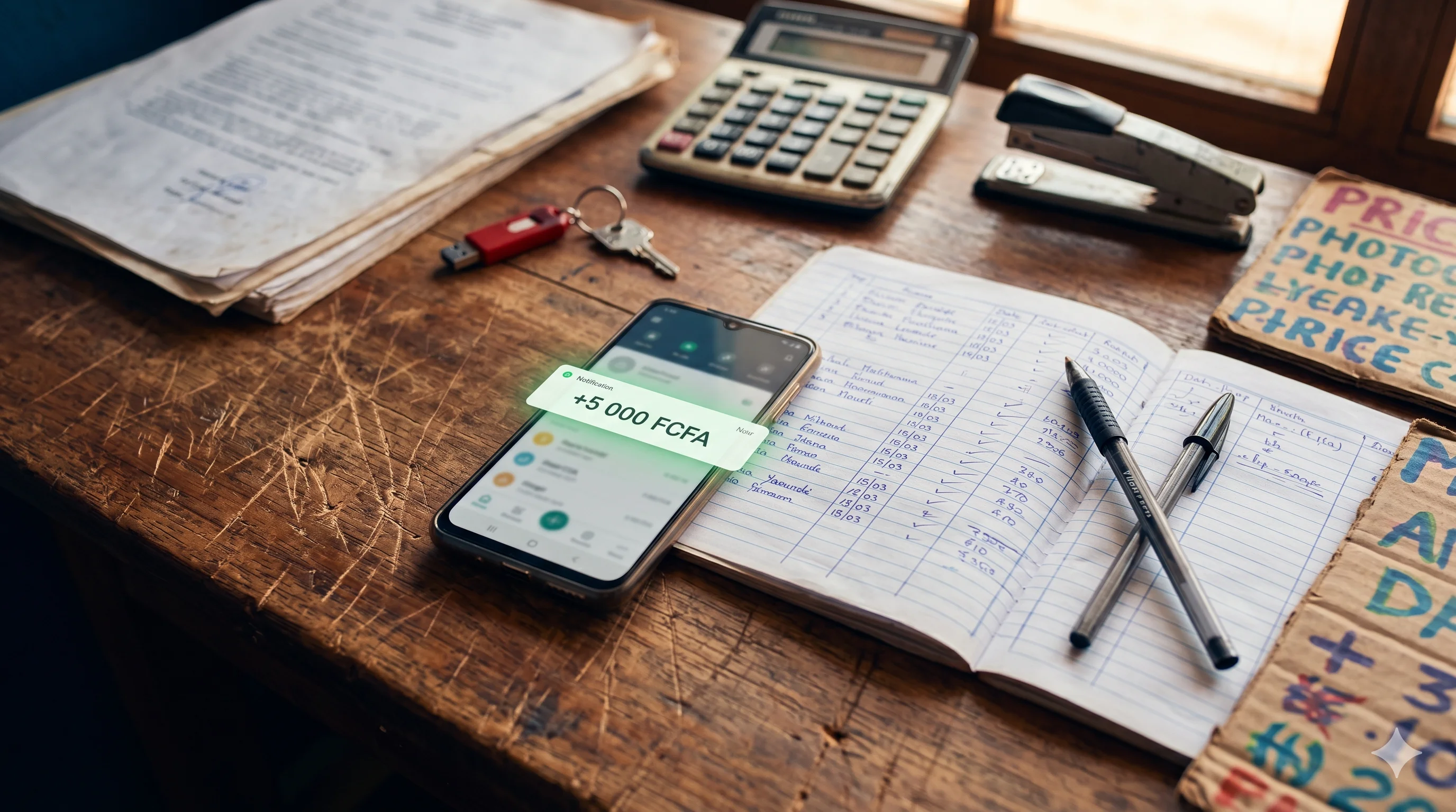 Sur le comptoir en bois usé du cybercafé, un smartphone affiche une notification Mobile Money « +5 000 FCFA » à côté d'un cahier de recettes ouvert où une quinzaine de ventes ont été cochées à la main.
