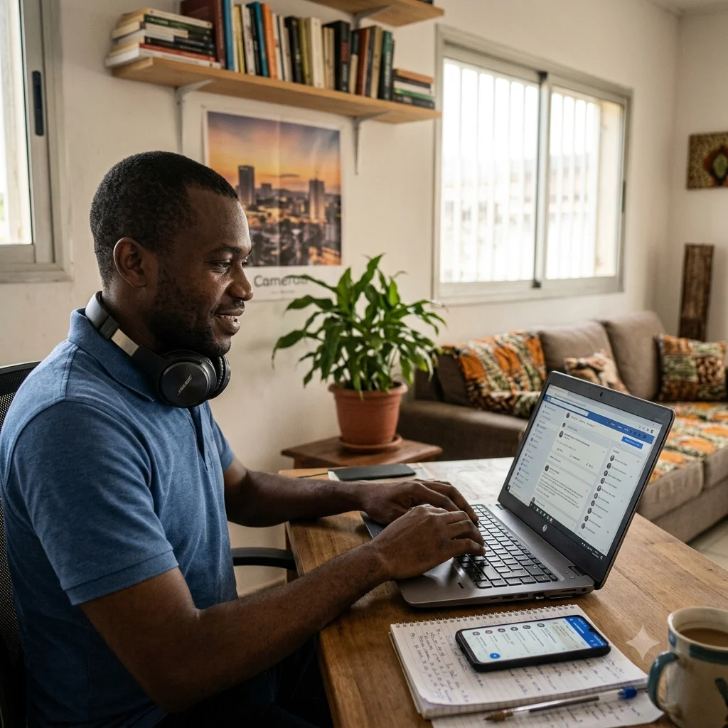 Brice, administrateur d'un grand groupe Facebook de quartier à Yaoundé, assis le soir à son bureau à la maison devant son ordinateur portable, son smartphone couvert de notifications à la main.