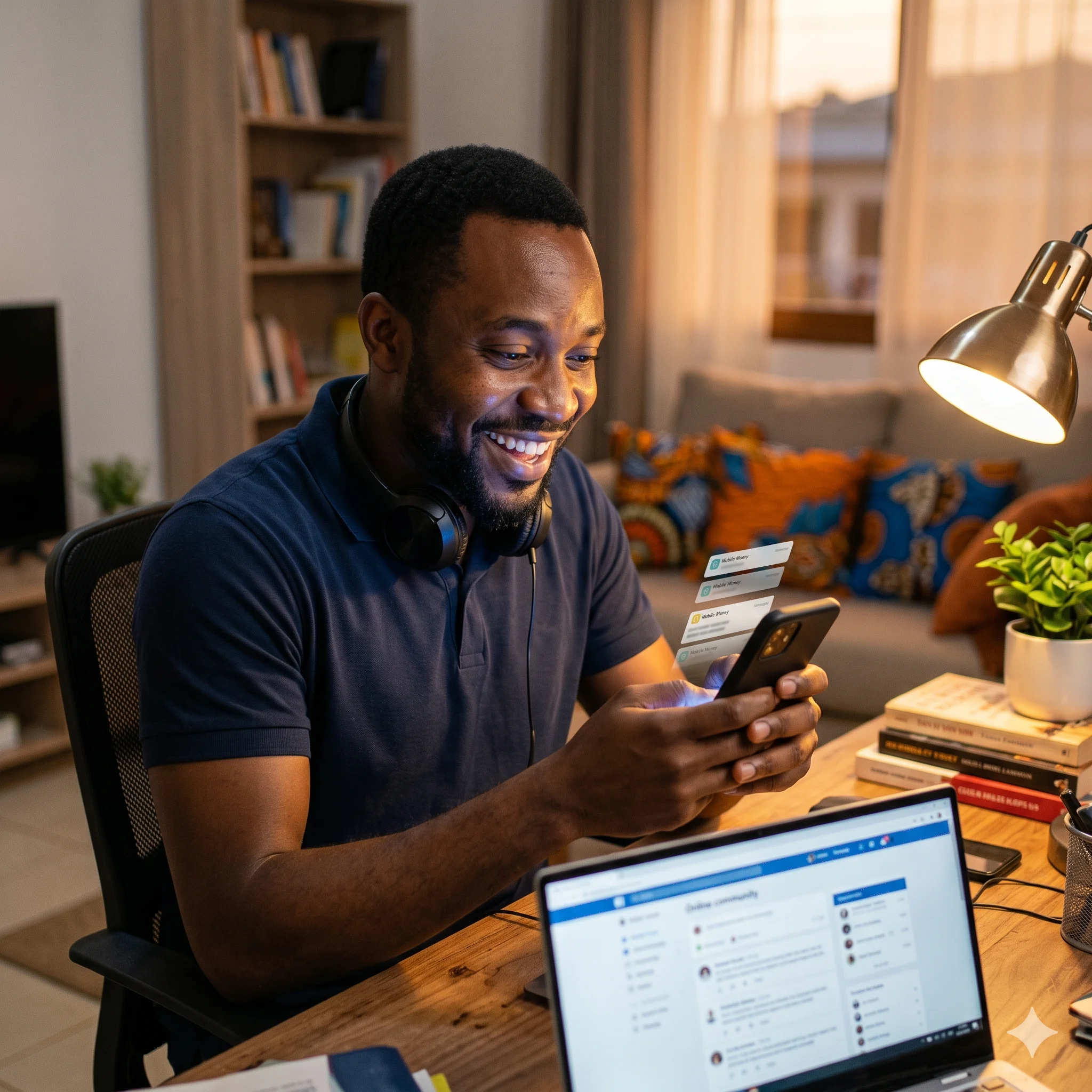 Brice, le soir à son bureau, regarde son smartphone avec un grand sourire de surprise : les notifications de commission Mobile Money s'enchaînent après la publication de son post.