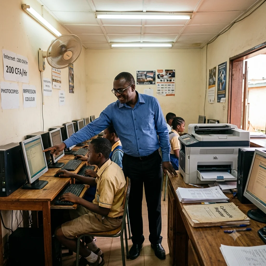 Tonton Désiré, gérant du cybercafé Désiré Net & Print à Étoudi (Yaoundé), debout entre ses postes d'ordinateurs où des étudiants travaillent, l'imprimante laser en arrière-plan, ambiance studieuse de matinée.