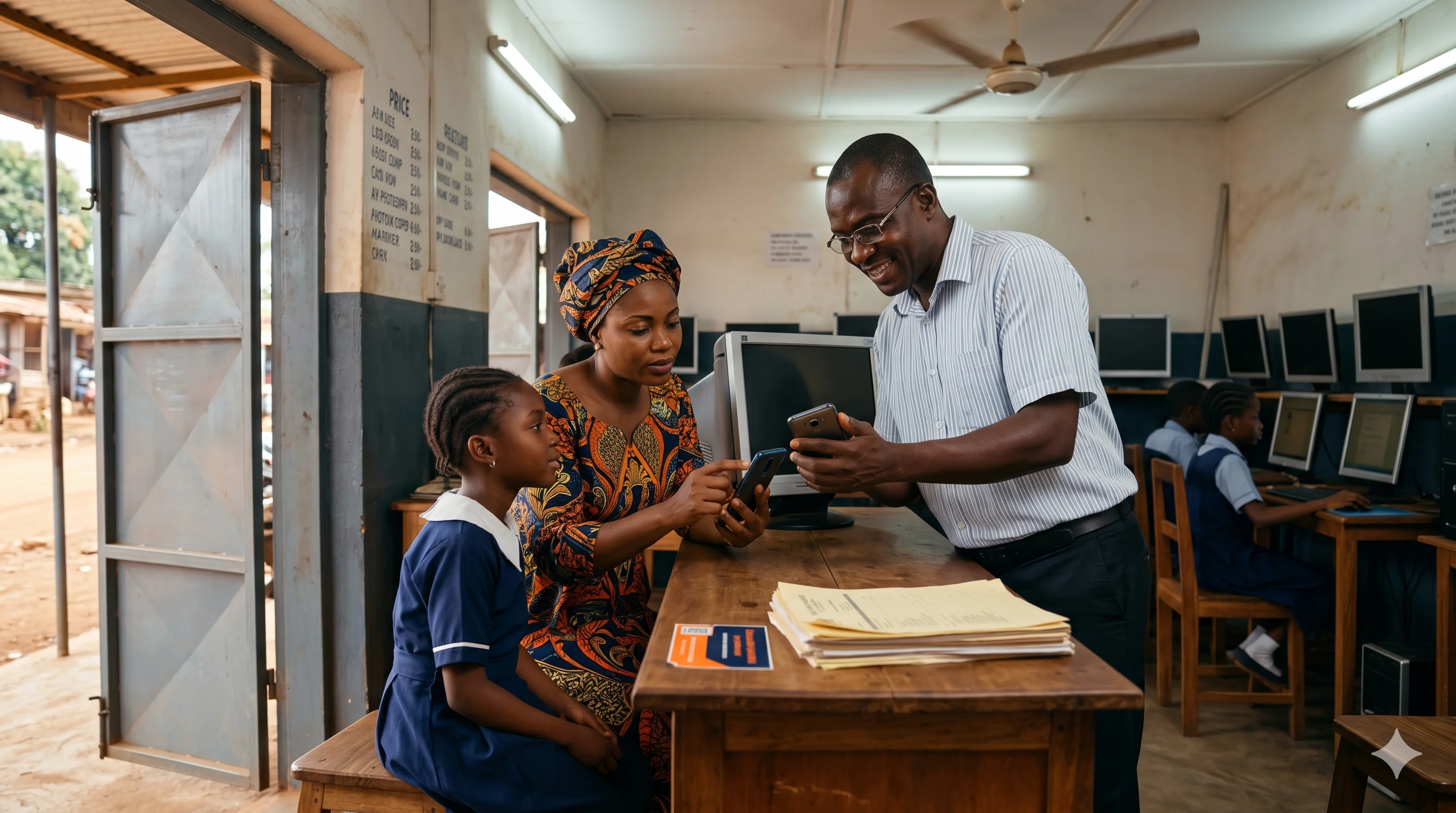 Tonton Désiré présente l'écran de TurboClasse à Maman Sophia, accompagnée de sa fille Liliane en uniforme, au comptoir du cybercafé d'Étoudi ; au coin du comptoir, un petit autocollant orange et bleu rappelle le code Ambassadeur.