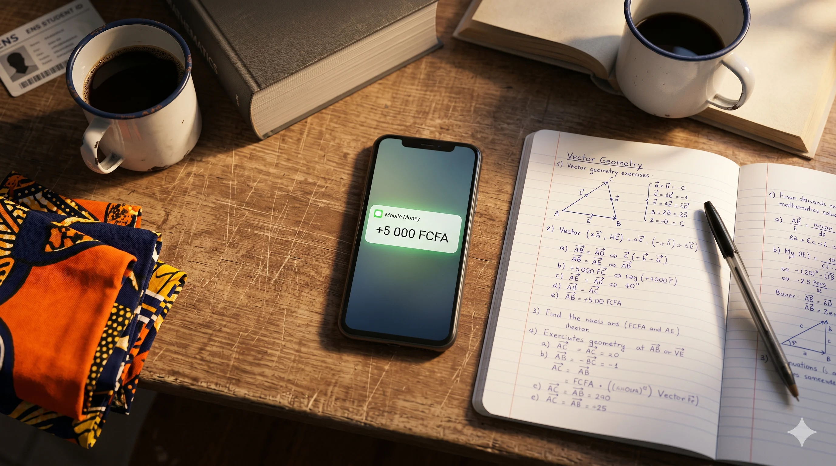 Sur un bureau d'étudiante en chambre de cité U, un smartphone affiche une notification Mobile Money « +5 000 FCFA » à côté d'un cahier de maths ouvert sur des exercices de vecteurs, une tasse émaillée et l'angle d'une carte d'étudiante ENS.