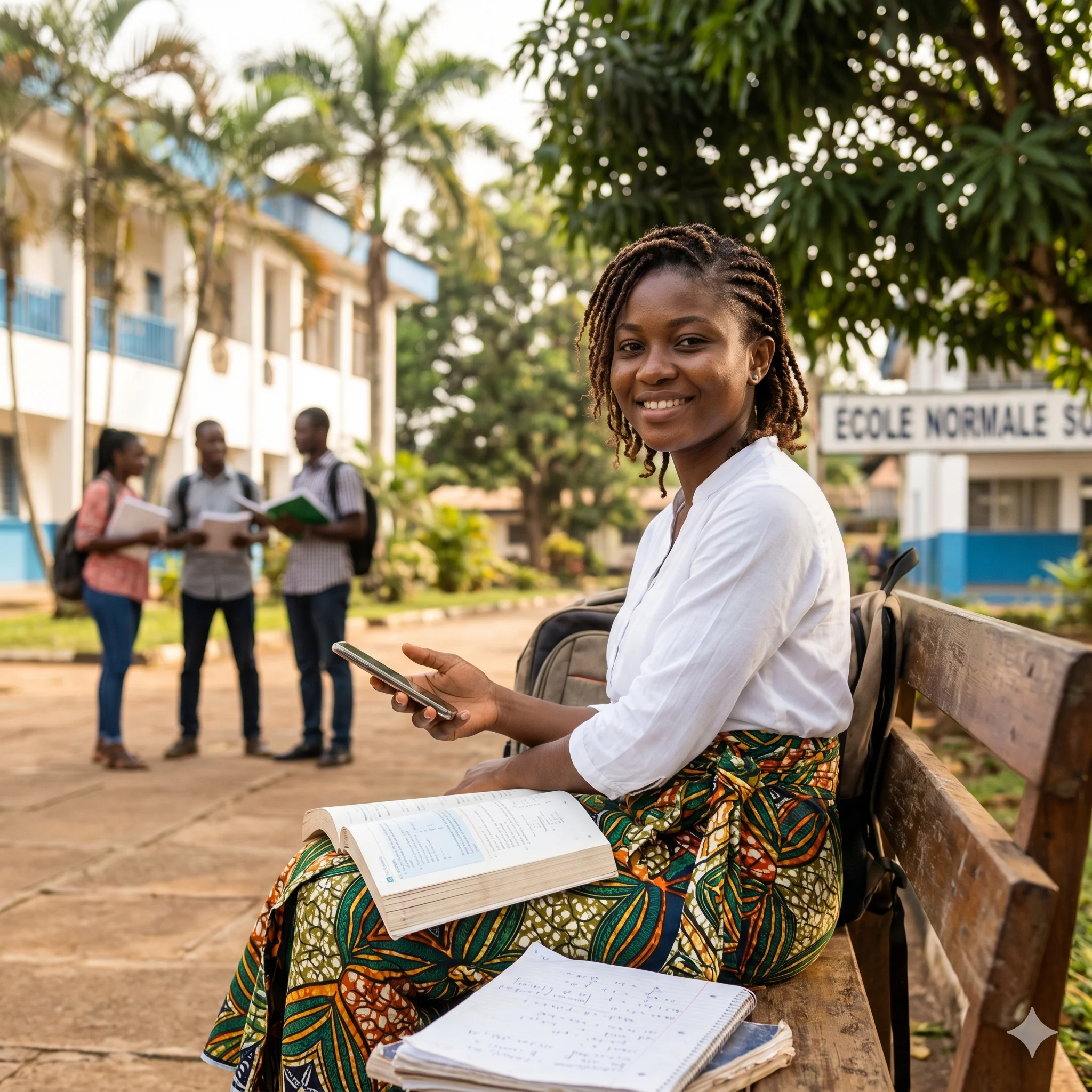 Marie-Stéphane, étudiante en 3ème année de Sciences à l'ENS Yaoundé, future prof de maths, badge ENS au cou, sur le campus de Ngoa-Ekellé au petit matin avant le cours de 8h.