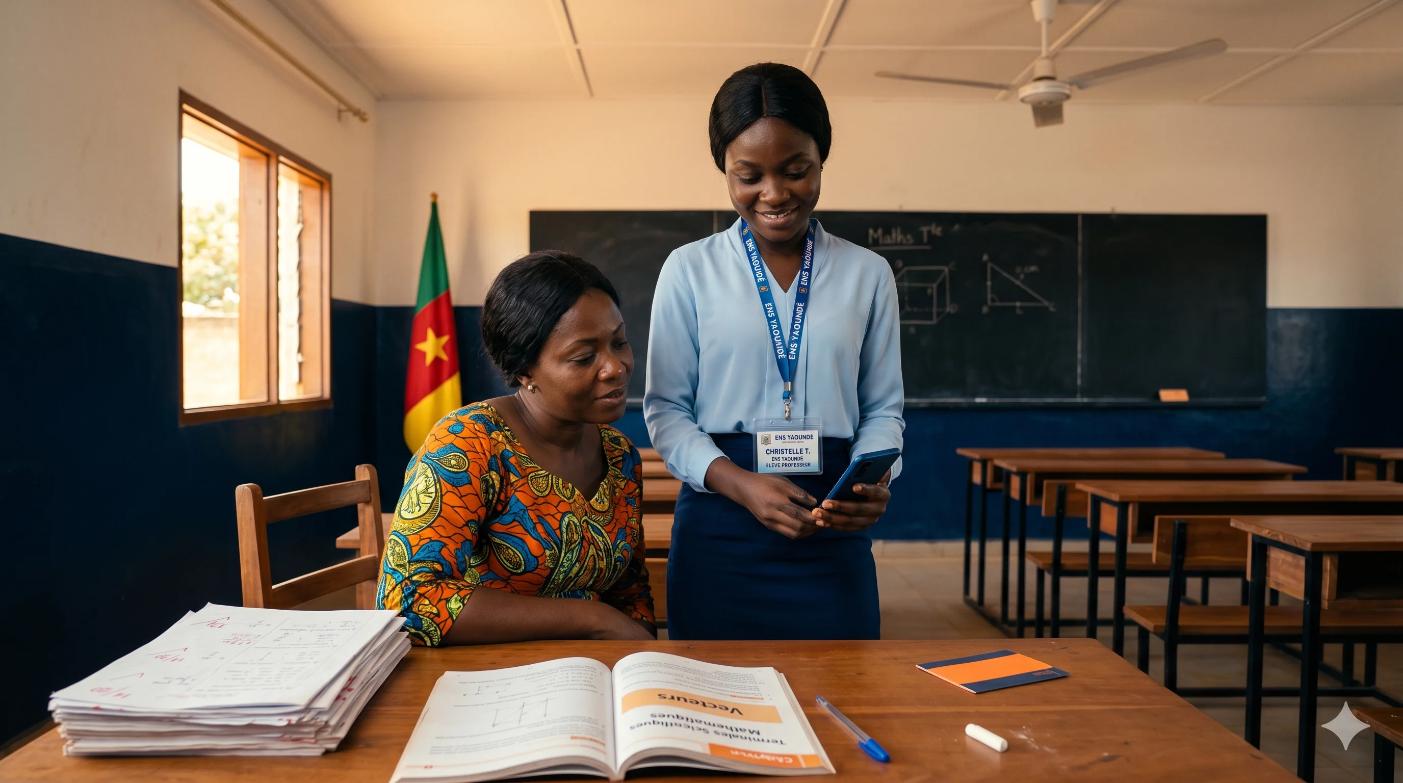 Marie-Stéphane, debout près du bureau d'une classe vide de lycée public à Yaoundé, badge ENS au cou, présente son téléphone à une maman attentive en boubou ankara assise sur une chaise d'élève. Le tableau noir derrière garde des traces de diagrammes de géométrie.