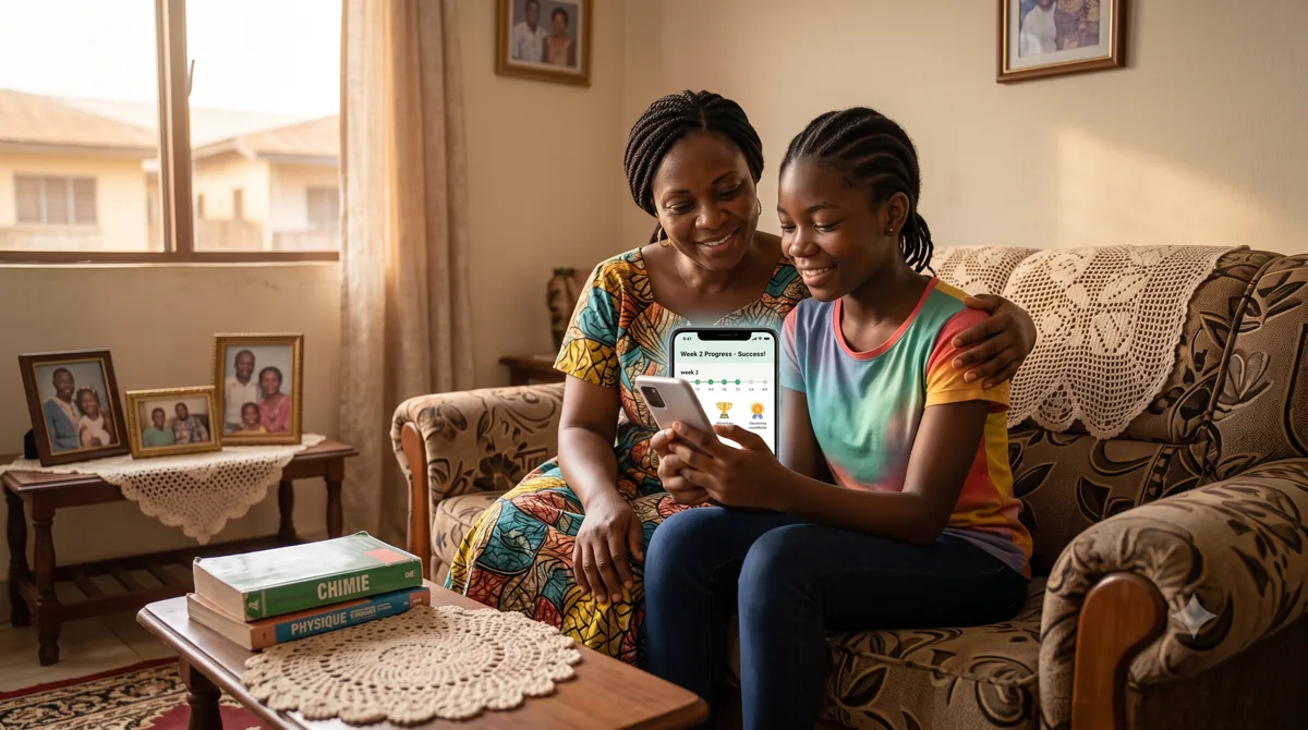 Une maman et sa fille regardent ensemble les progrès de la semaine sur un smartphone TurboClasse