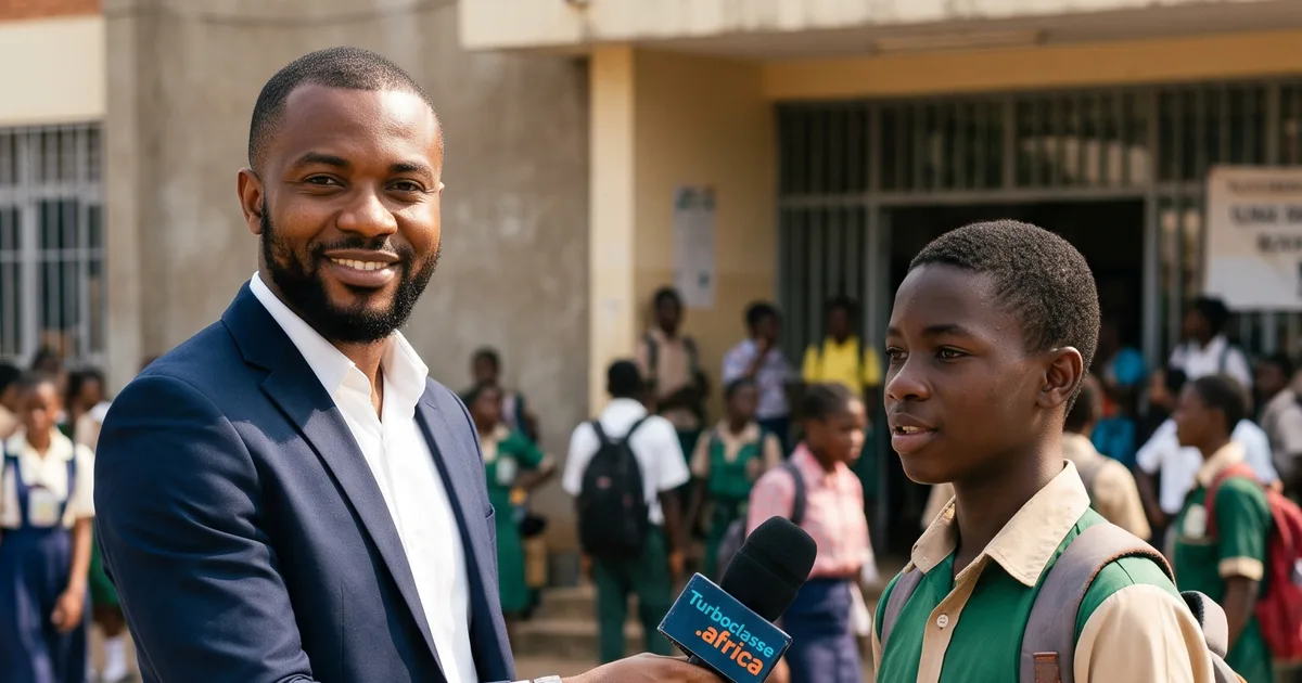 Un journaliste interviewe un élève devant un lycée camerounais