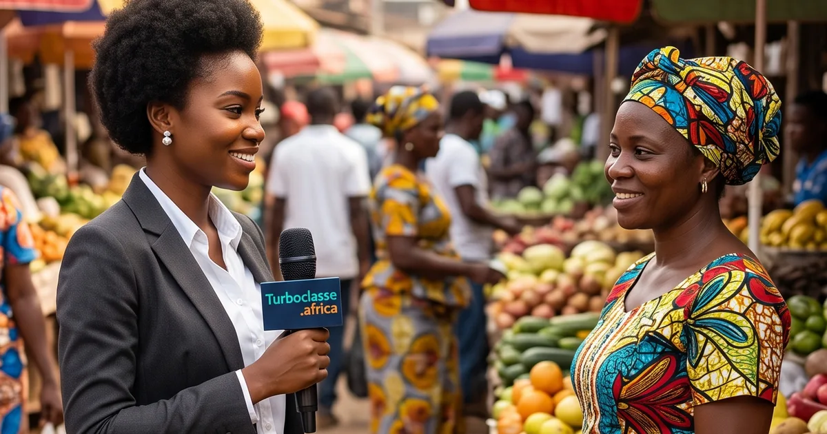 Une journaliste interviewe une maman sur son étal au marché camerounais