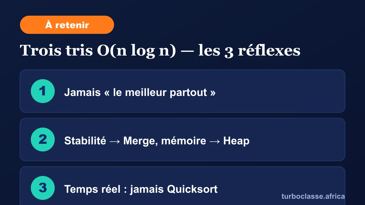 Carte « à retenir » : les trois réflexes pour réussir une analyse d'algorithmes de tri. Elle rappelle de ne jamais dire « le meilleur partout », de choisir Mergesort pour la stabilité et Heapsort pour la mémoire, et de bannir Quicksort en temps réel. Fond bleu nuit TurboClasse.